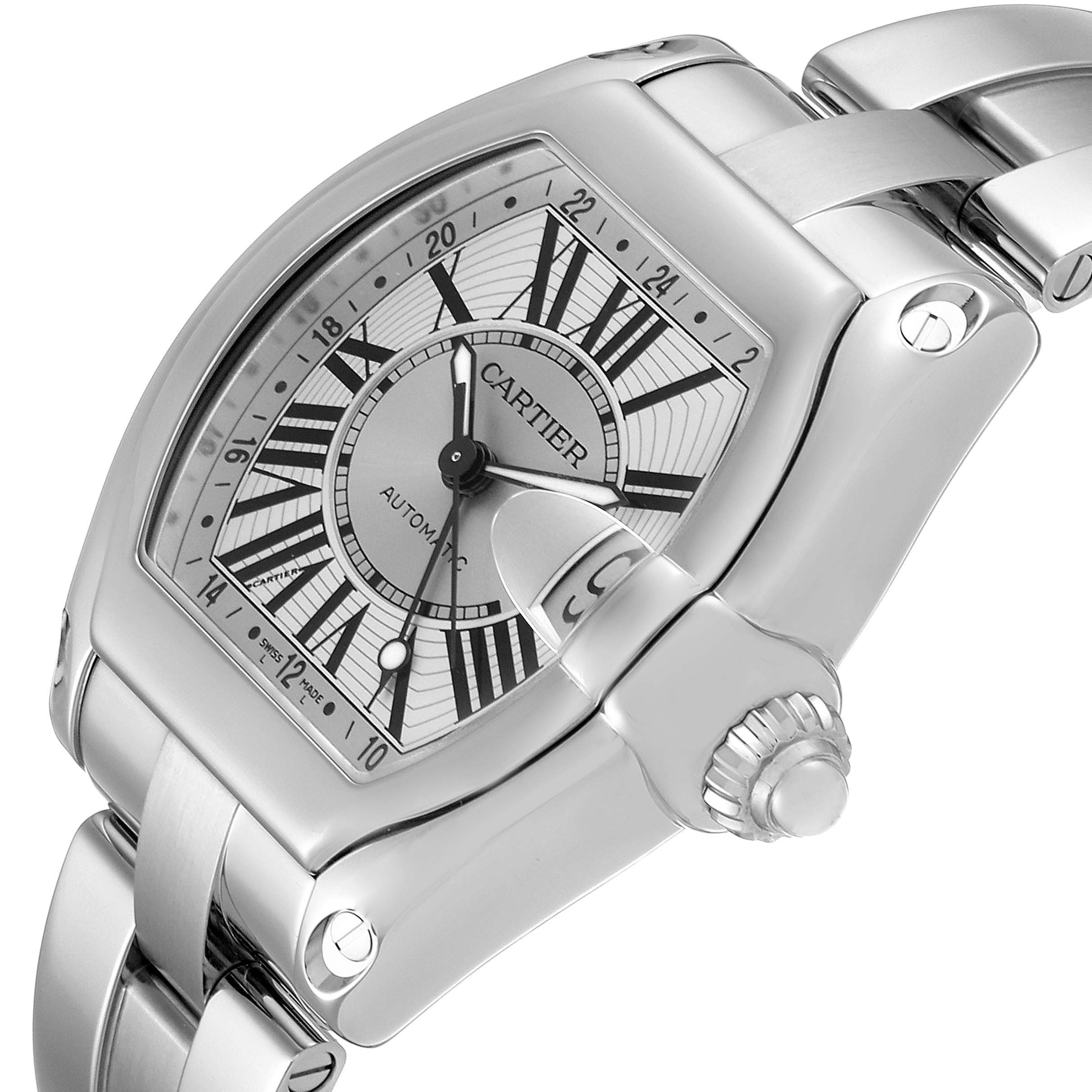 The Cartier Roadster W62032X6 Men's Stainless Steel Silver Dial W62032X6 Men's Stainless Steel Silver Dial watch is shown at a three-quarter angle highlighting the face, bezel, crown, and part of the bracelet.