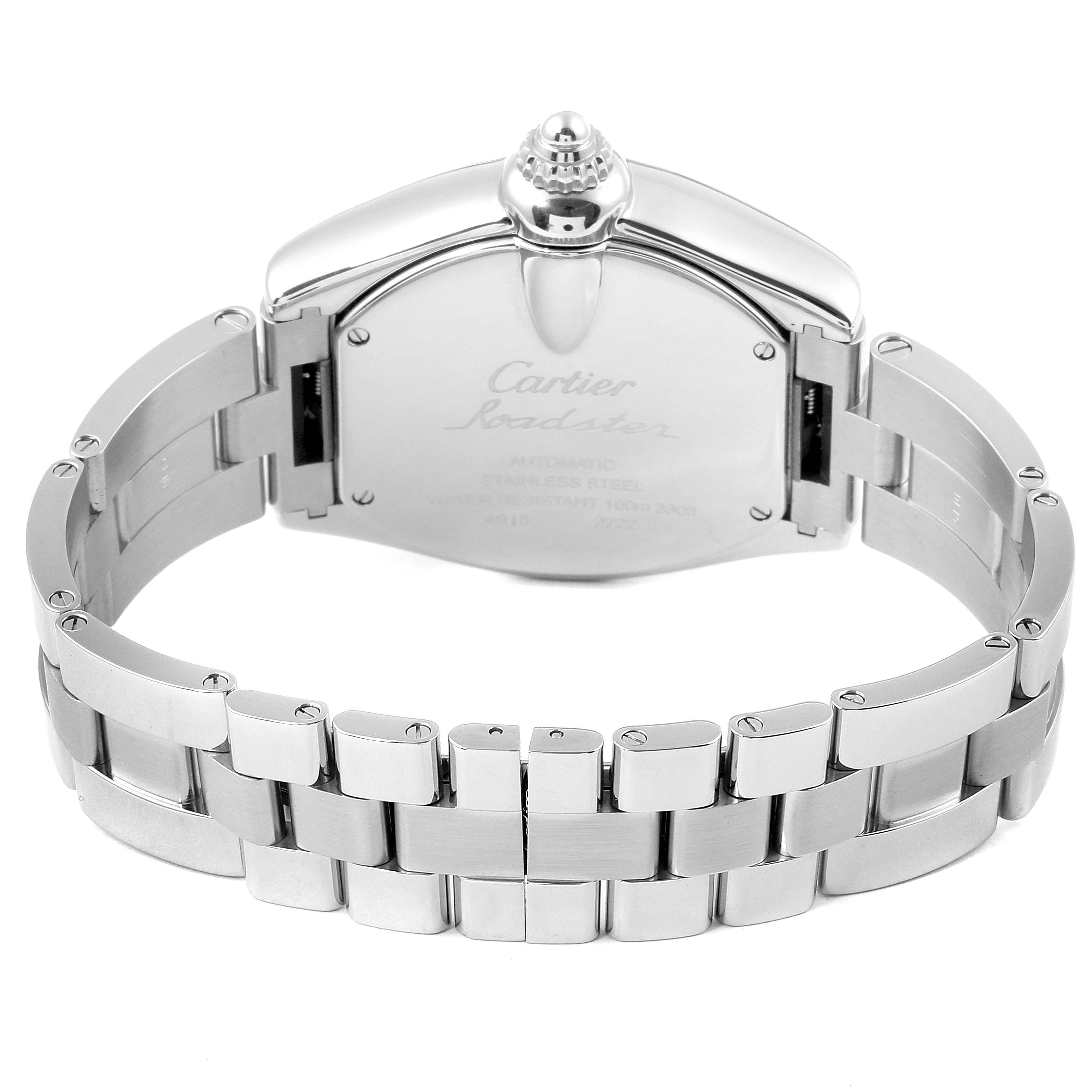 The image shows the back case and metal bracelet of a Cartier Roadster W62032X6 Men's Stainless Steel Silver Dial W62032X6 Men's Stainless Steel Silver Dial watch.