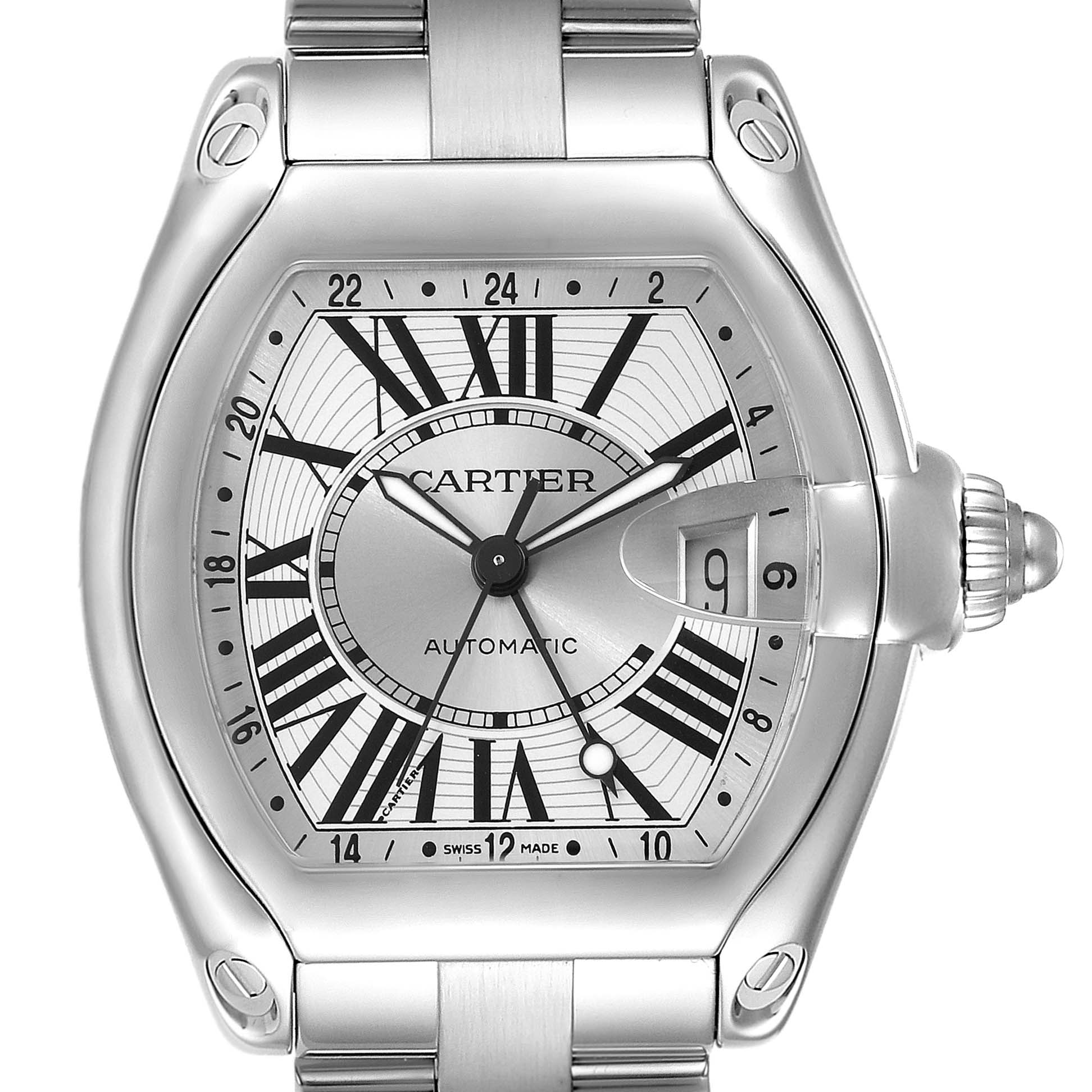 The image shows a front view of the Cartier Roadster W62032X6 Men's Stainless Steel Silver Dial W62032X6 Men's Stainless Steel Silver Dial watch, highlighting the face, bezel, crown, and part of the band.