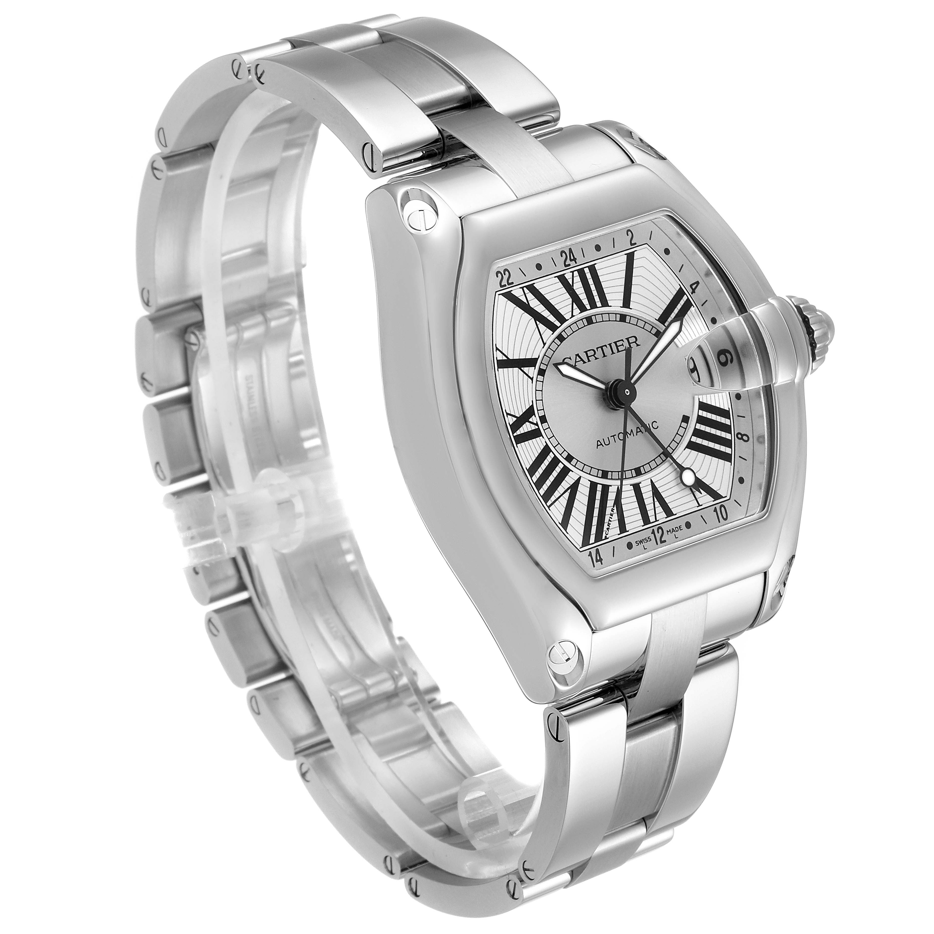 The image shows a Cartier Roadster W62032X6 Men's Stainless Steel Silver Dial W62032X6 Men's Stainless Steel Silver Dial watch at a slight angle, showcasing its face, dial, and stainless steel bracelet.