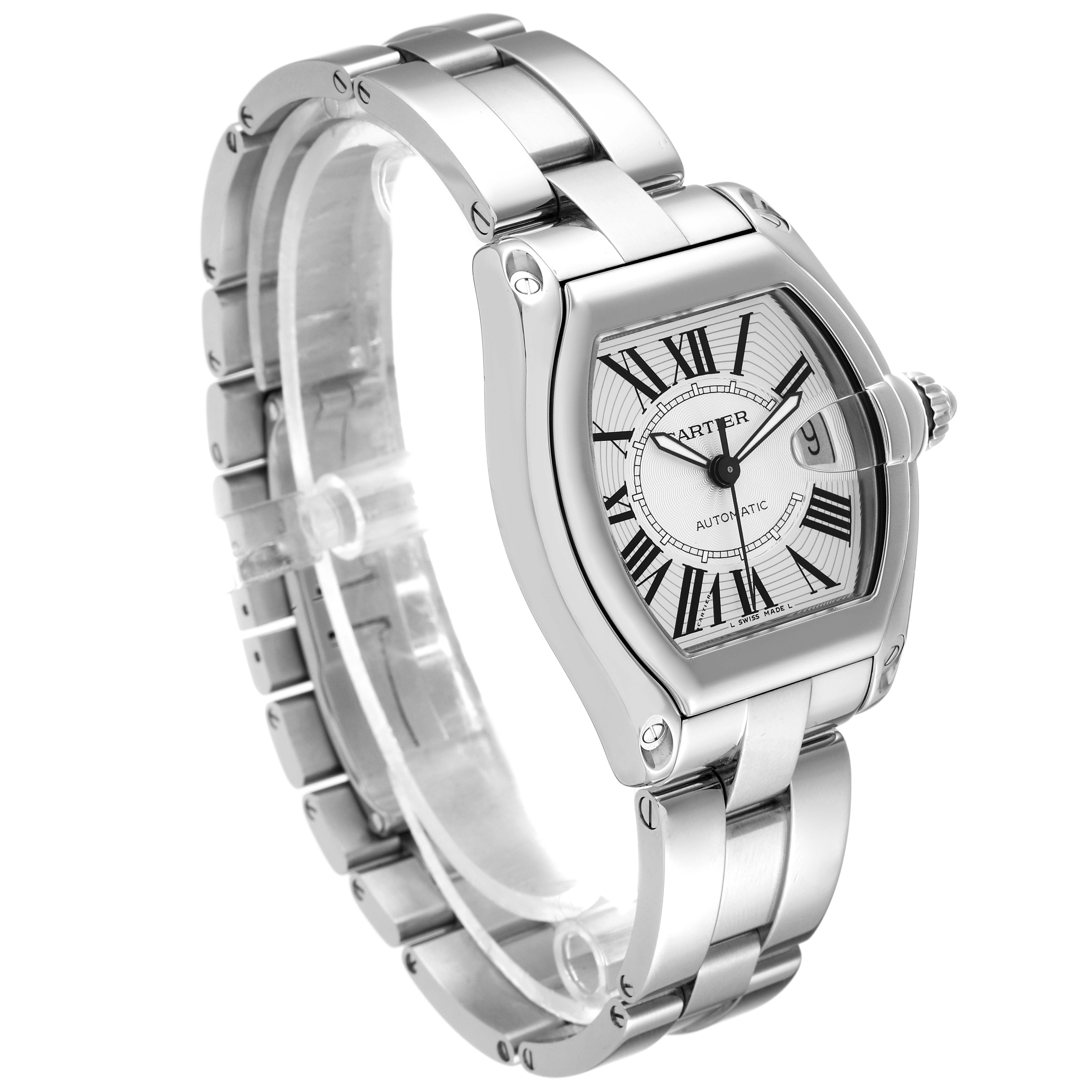 The image shows a Cartier Roadster W62025V3 Men's Stainless Steel Silver Dial W62025V3 Men's Stainless Steel Silver Dial watch from a three-quarter angle, highlighting its face, bracelet, and links.