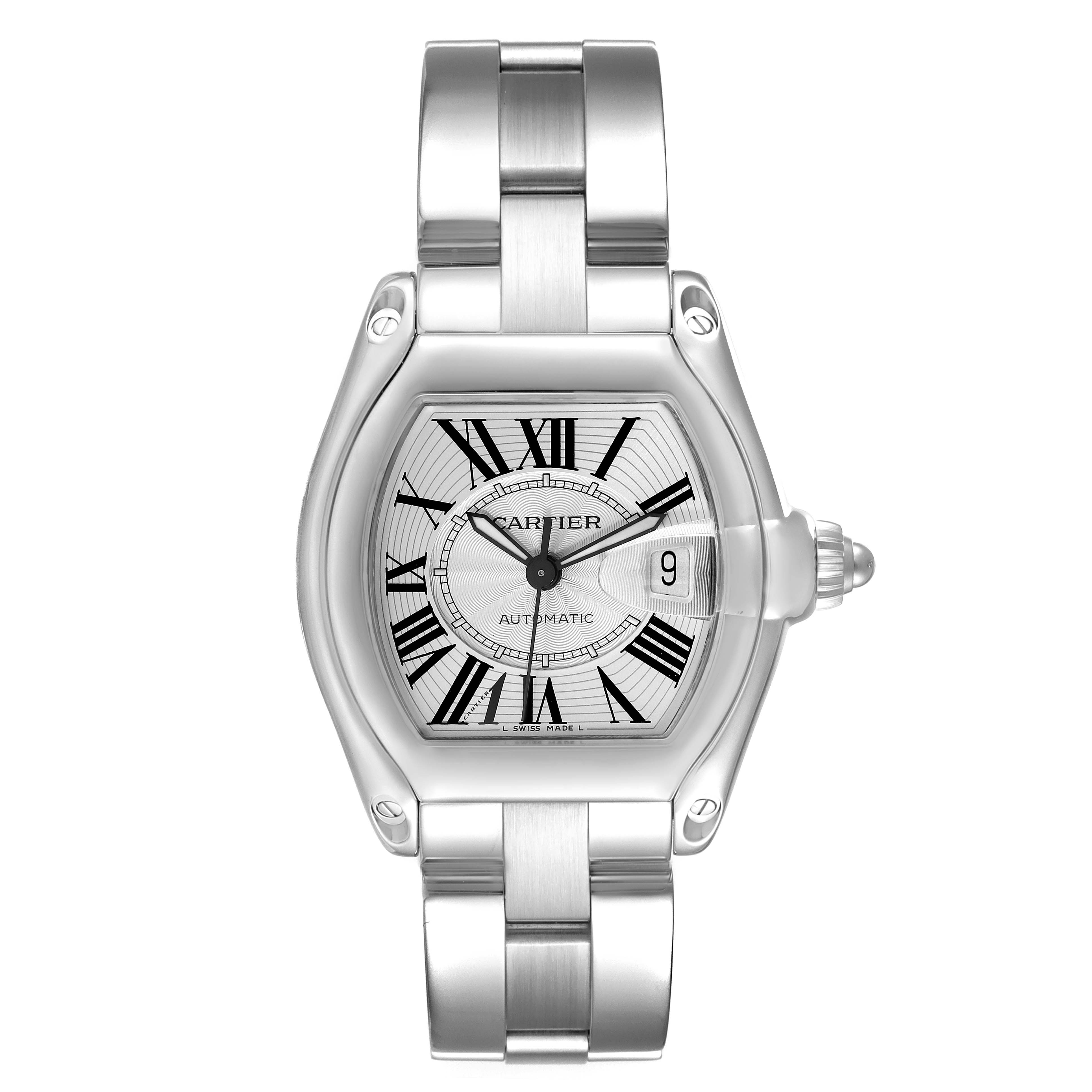 The image shows a front view of the Cartier Roadster W62025V3 Men's Stainless Steel Silver Dial W62025V3 Men's Stainless Steel Silver Dial watch, including its face, case, and a portion of its metal bracelet.