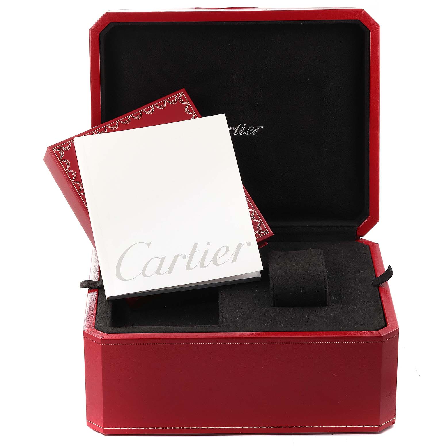 The image shows the packaging box and manual for a Cartier Roadster W62025V3 Men's Stainless Steel Silver Dial W62025V3 Men's Stainless Steel Silver Dial watch.