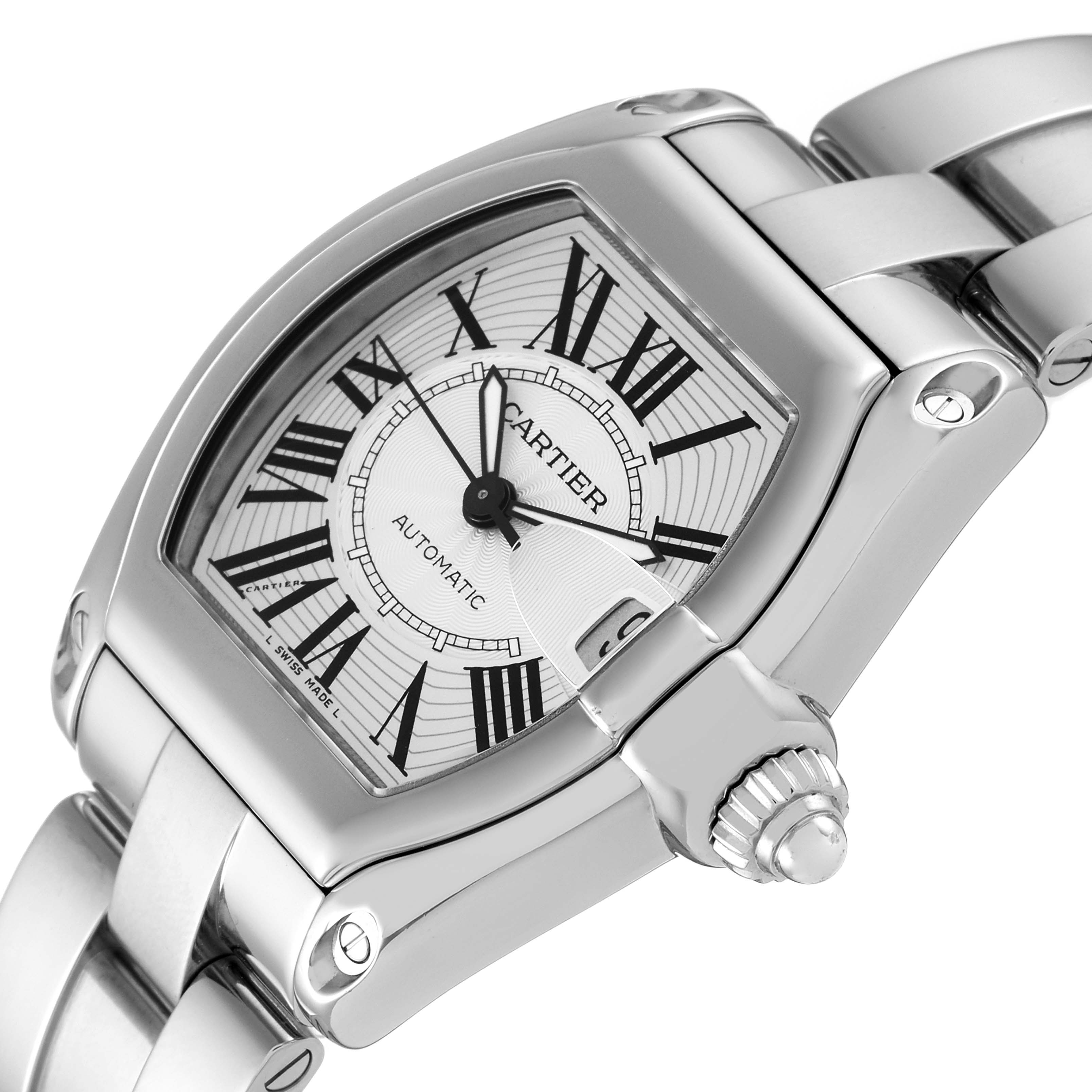 The image shows a close-up angle of the Cartier Roadster W62025V3 Men's Stainless Steel Silver Dial W62025V3 Men's Stainless Steel Silver Dial watch, focusing on the face, crown, and part of the bracelet.
