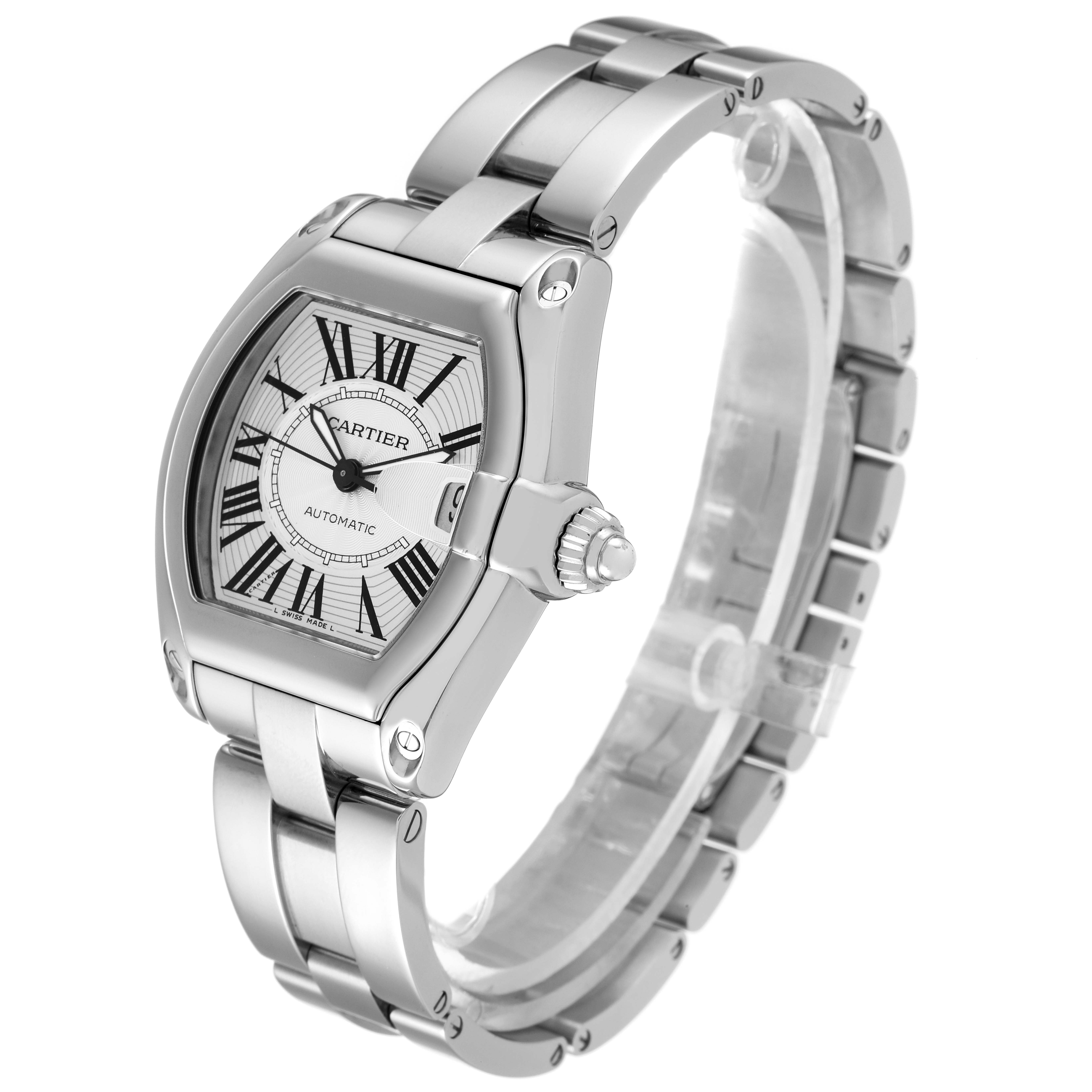 The image shows a Cartier Roadster W62025V3 Men's Stainless Steel Silver Dial W62025V3 Men's Stainless Steel Silver Dial watch at a three-quarter angle, highlighting the case, dial, bracelet, and crown.