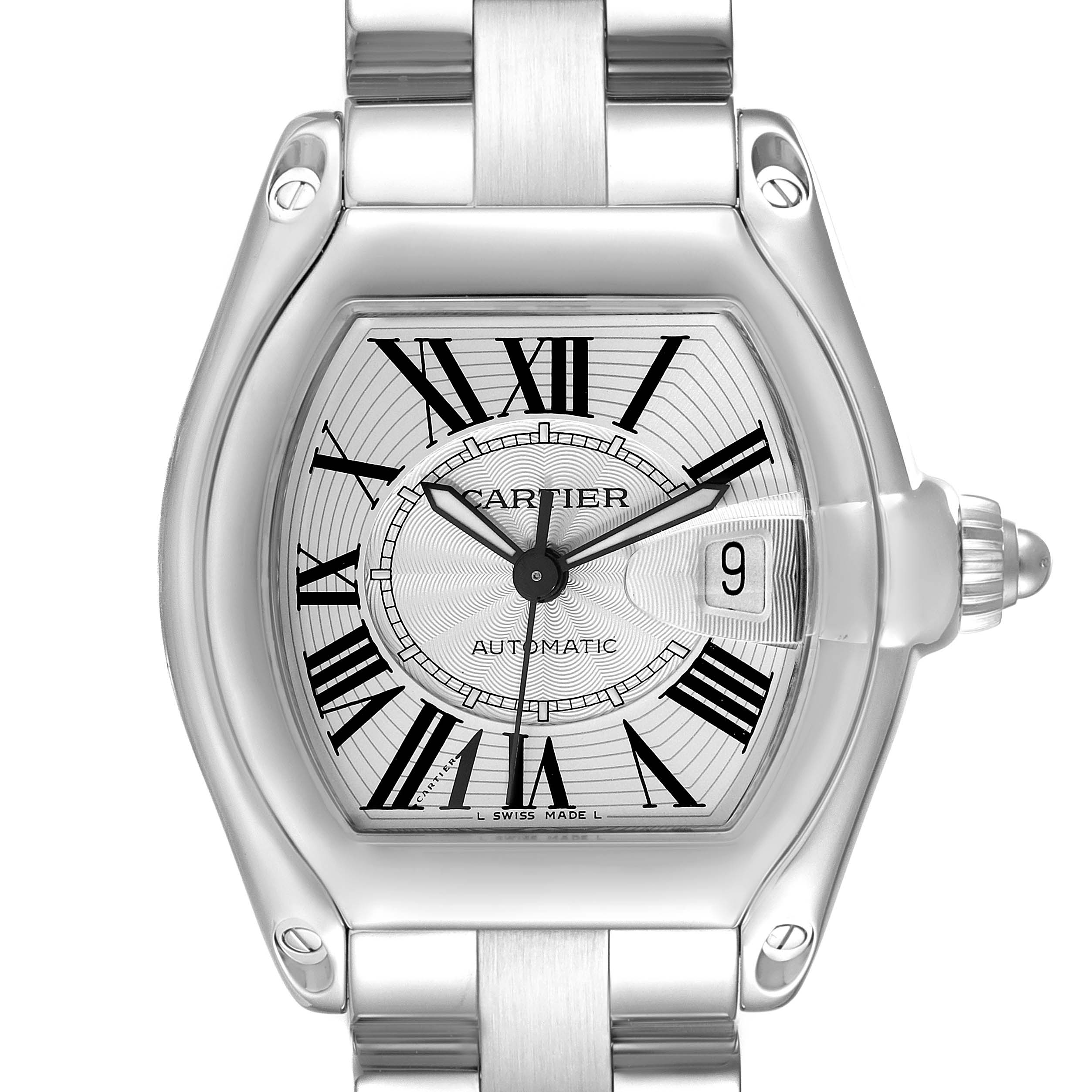 This image shows a front view of the Cartier Roadster W62025V3 Men's Stainless Steel Silver Dial W62025V3 Men's Stainless Steel Silver Dial watch, highlighting its dial, bracelet, and crown.