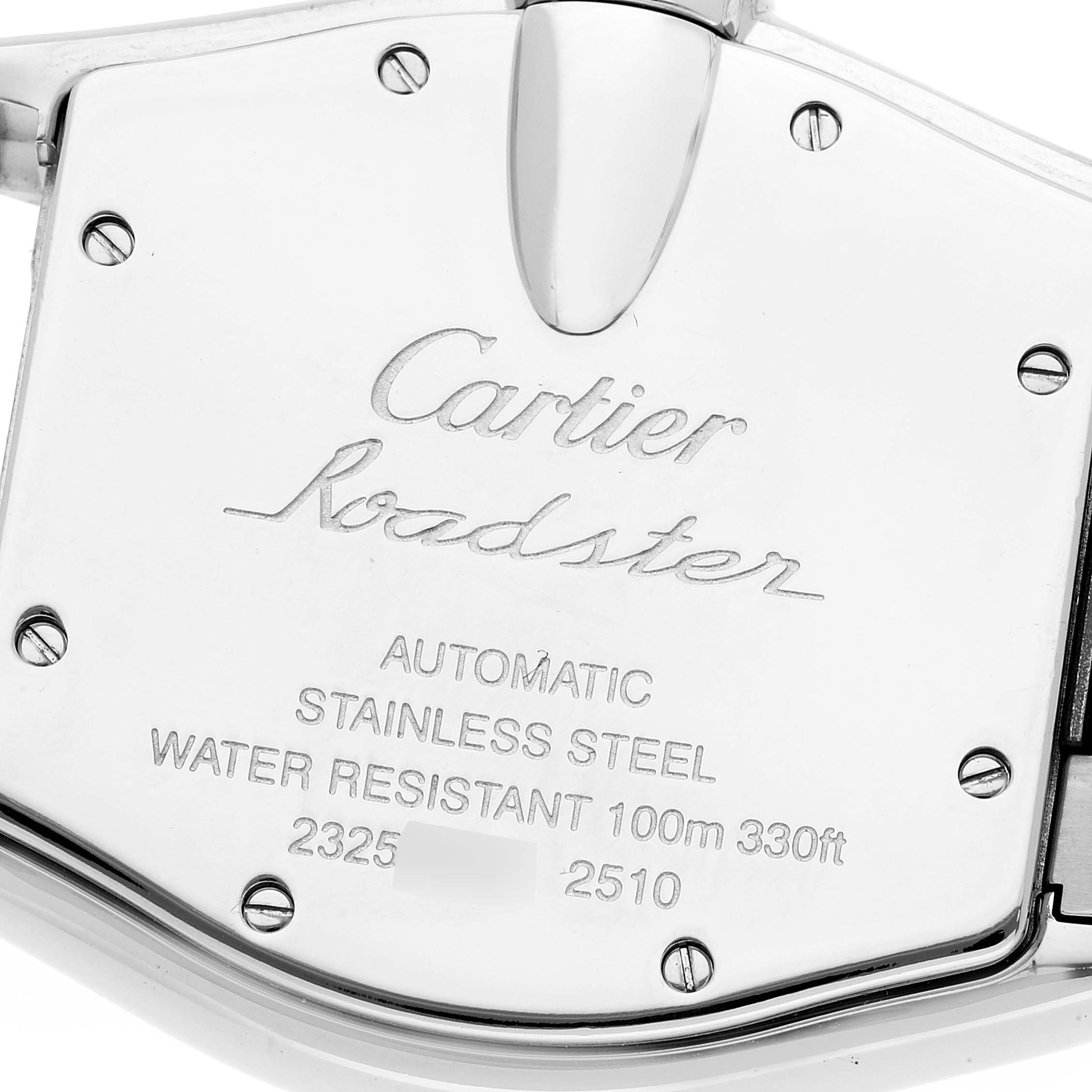 The image shows the back case of a Cartier Roadster W62025V3 Men's Stainless Steel Silver Dial W62025V3 Men's Stainless Steel Silver Dial watch, highlighting brand name and specifications.
