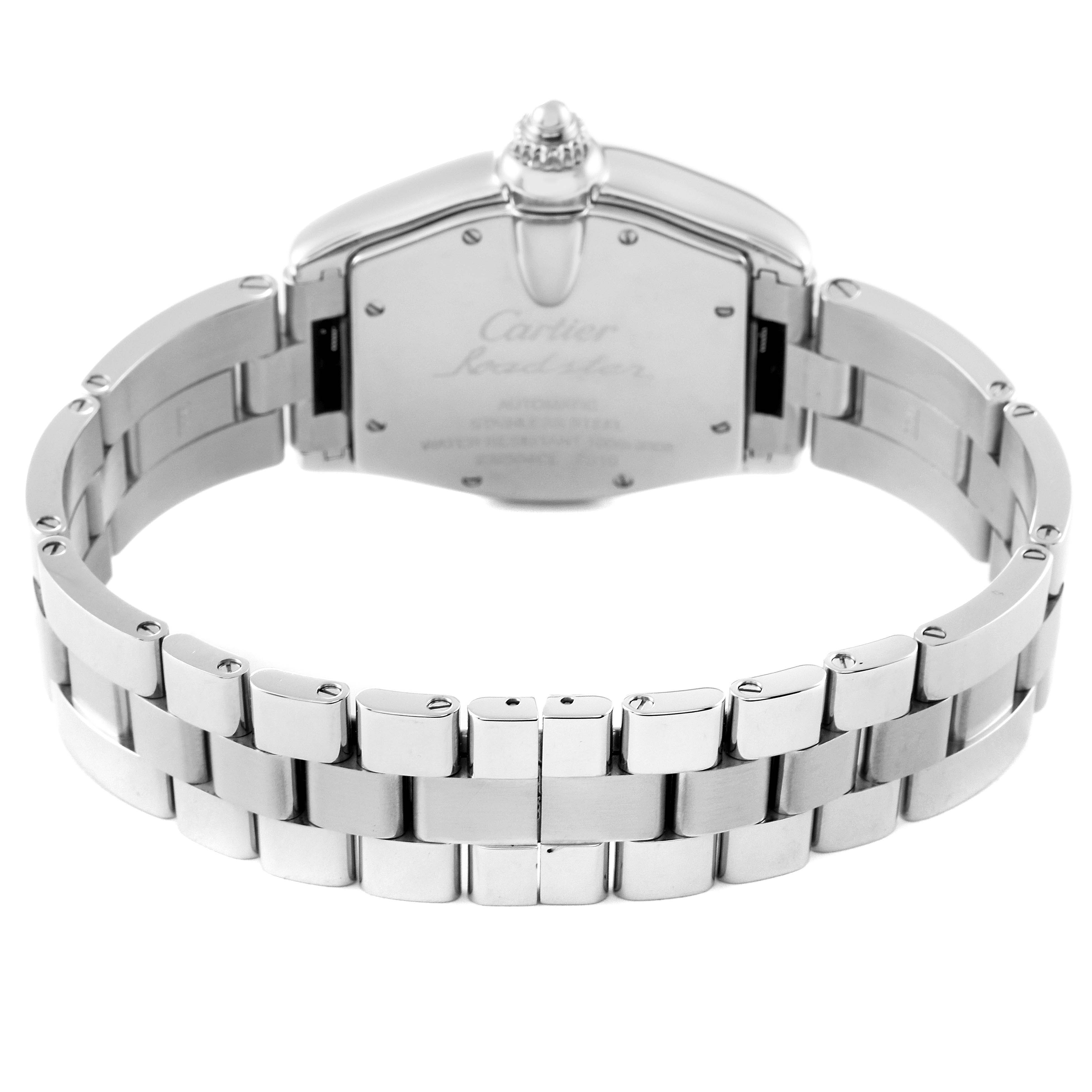 The image shows the back view of a Cartier Roadster W62025V3 Men's Stainless Steel Silver Dial W62025V3 Men's Stainless Steel Silver Dial watch, highlighting its metal bracelet and case back.