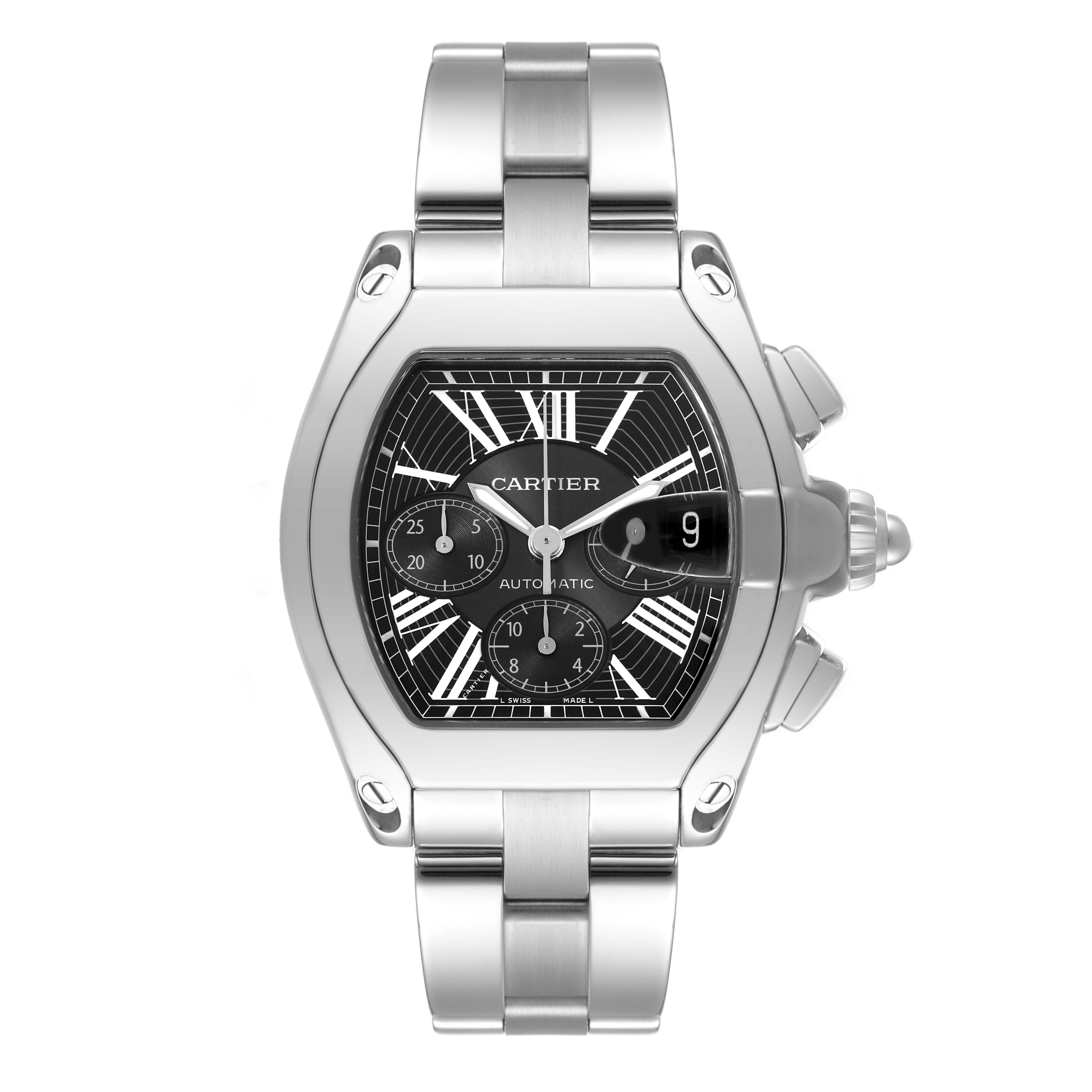 The image shows a face-on view of the Cartier Roadster W62020X6 Men's Stainless Steel Black Dial W62020X6 Men's Stainless Steel Black Dial watch, highlighting its dial, case, and stainless steel bracelet.