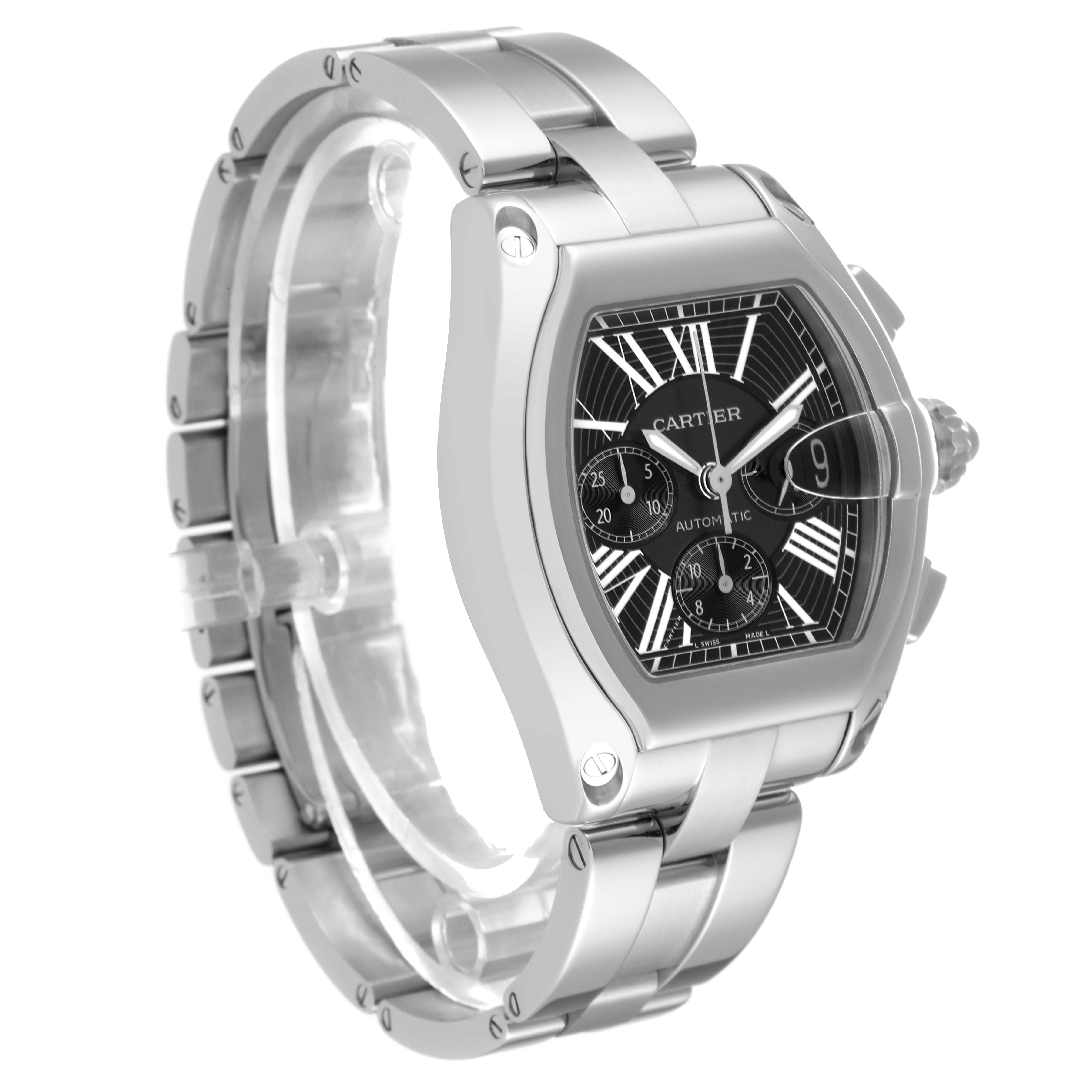The Cartier Roadster W62020X6 Men's Stainless Steel Black Dial W62020X6 Men's Stainless Steel Black Dial watch is shown at a three-quarter angle, highlighting its face, bezel, and metal bracelet.