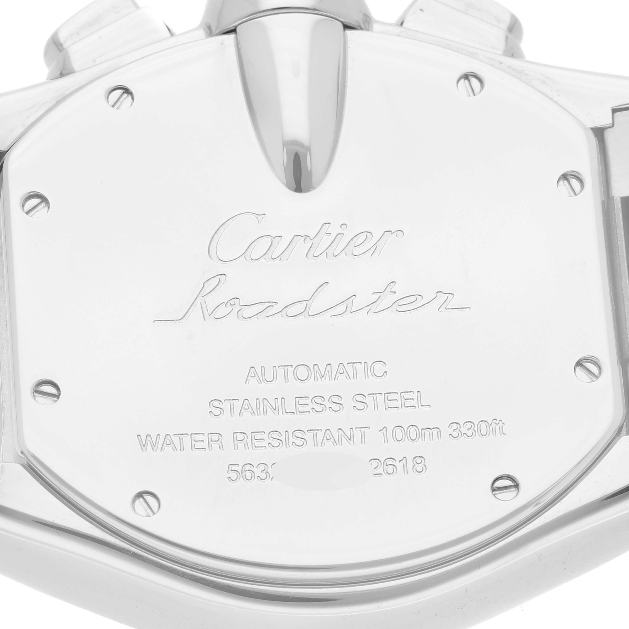 The image shows the back case of a Cartier Roadster W62020X6 Men's Stainless Steel Black Dial W62020X6 Men's Stainless Steel Black Dial watch, highlighting the branding and specifications.