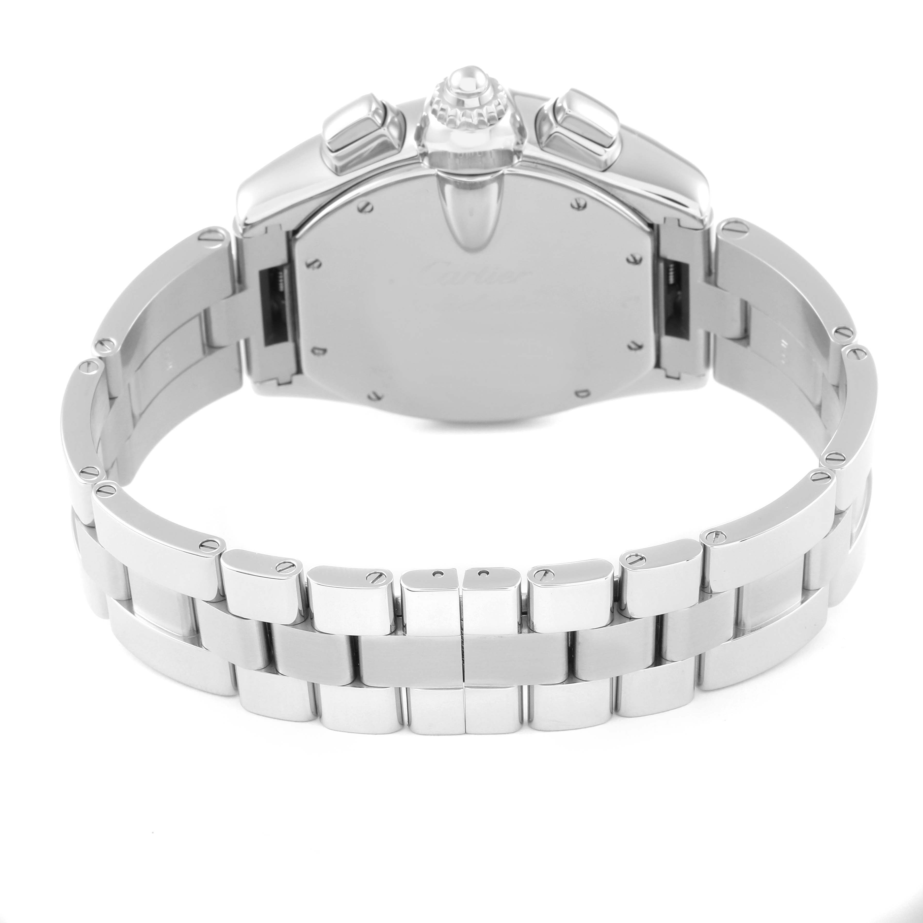 This image shows the back and bracelet of the Cartier Roadster W62020X6 Men's Stainless Steel Black Dial W62020X6 Men's Stainless Steel Black Dial watch, viewed from a rear angle.