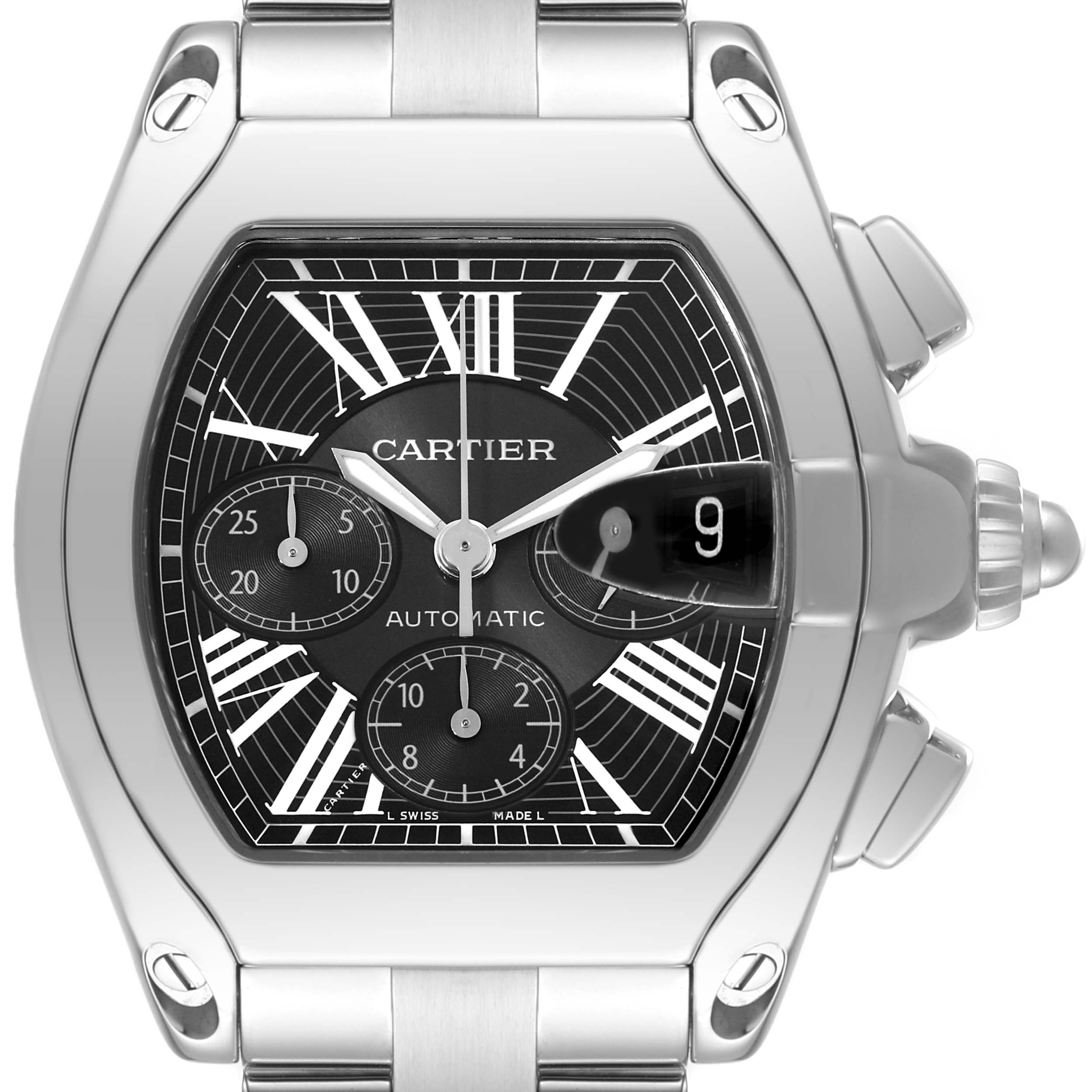 This image shows a front view of the Cartier Roadster W62020X6 Men's Stainless Steel Black Dial W62020X6 Men's Stainless Steel Black Dial model watch, highlighting the dial and case.