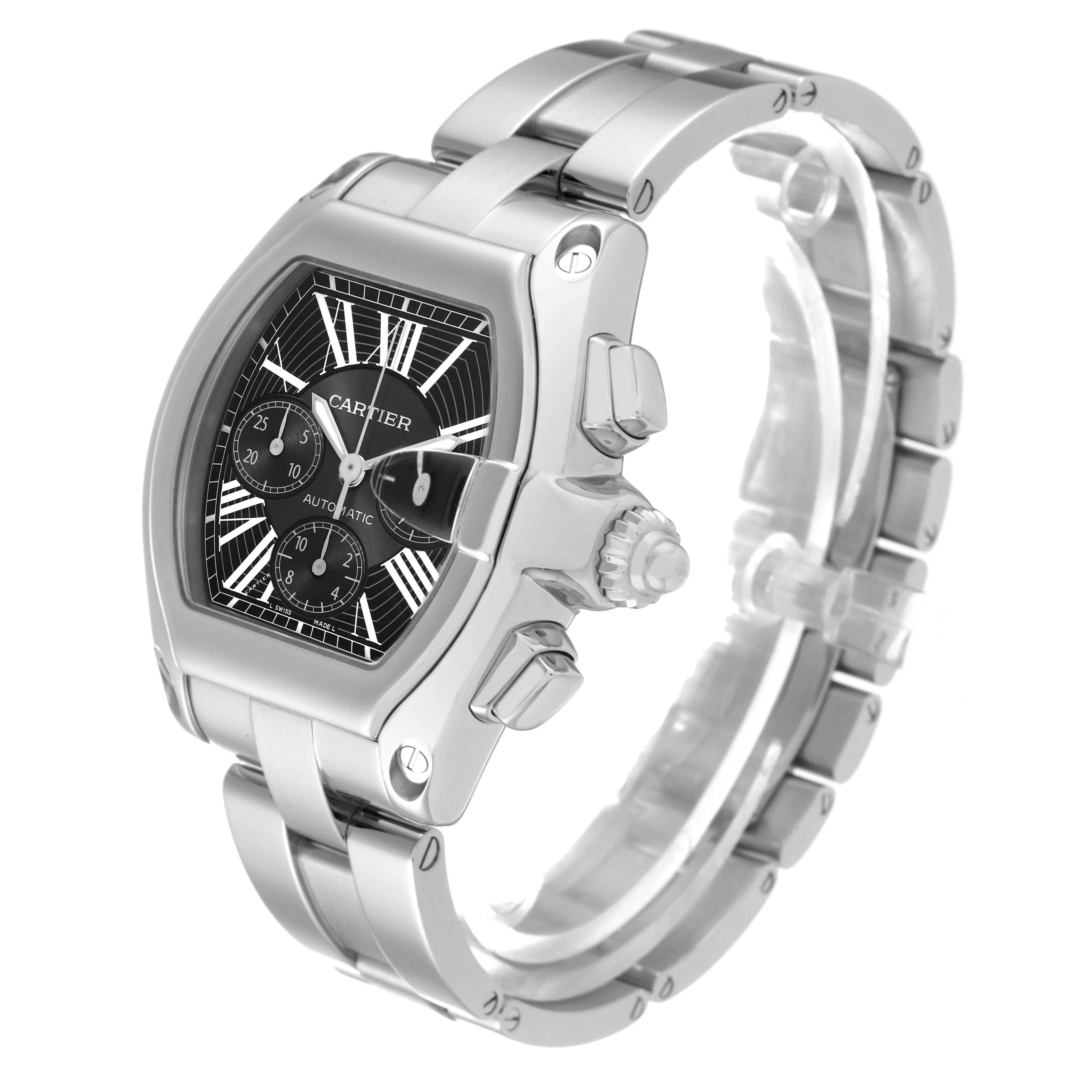 The image shows a side view of a Cartier Roadster W62020X6 Men's Stainless Steel Black Dial W62020X6 Men's Stainless Steel Black Dial model watch, highlighting its face, crown, and bracelet.