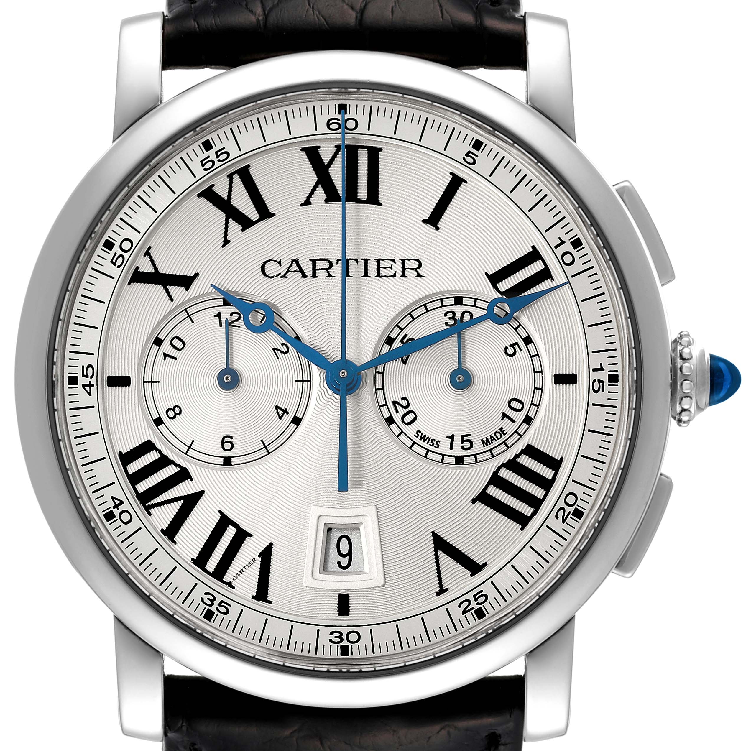 This is a frontal angled close-up of the face of the Rotonde model watch by Cartier, showing its dial, hands, and date window.