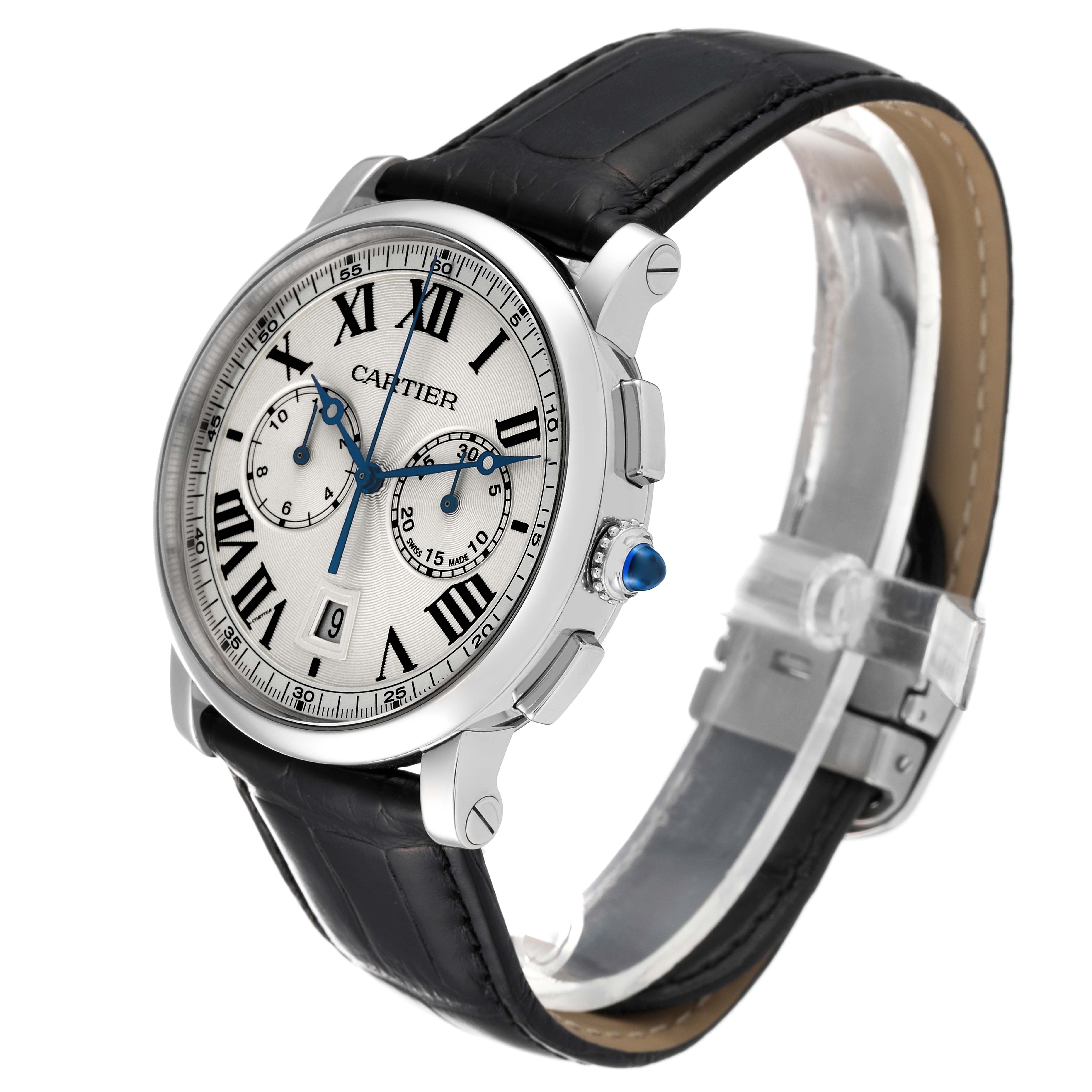 The image shows a side view of the Rotonde model by Cartier, highlighting the dial, crown, and leather strap.