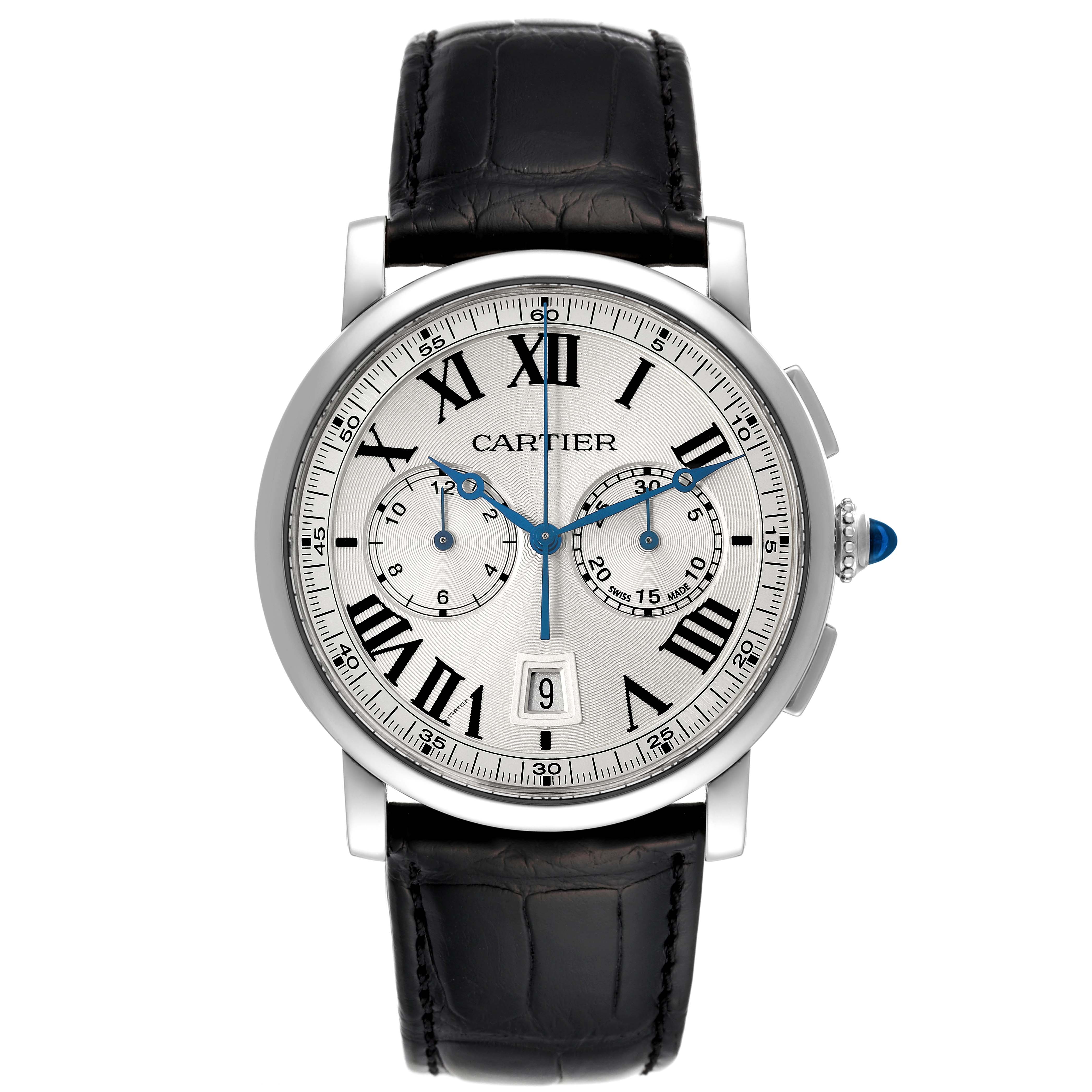 The image shows a frontal view of the Cartier Rotonde WSRO0002 Men's Stainless Steel Silver Dial WSRO0002 Men's Stainless Steel Silver Dial watch, displaying the dial, case, and leather strap.