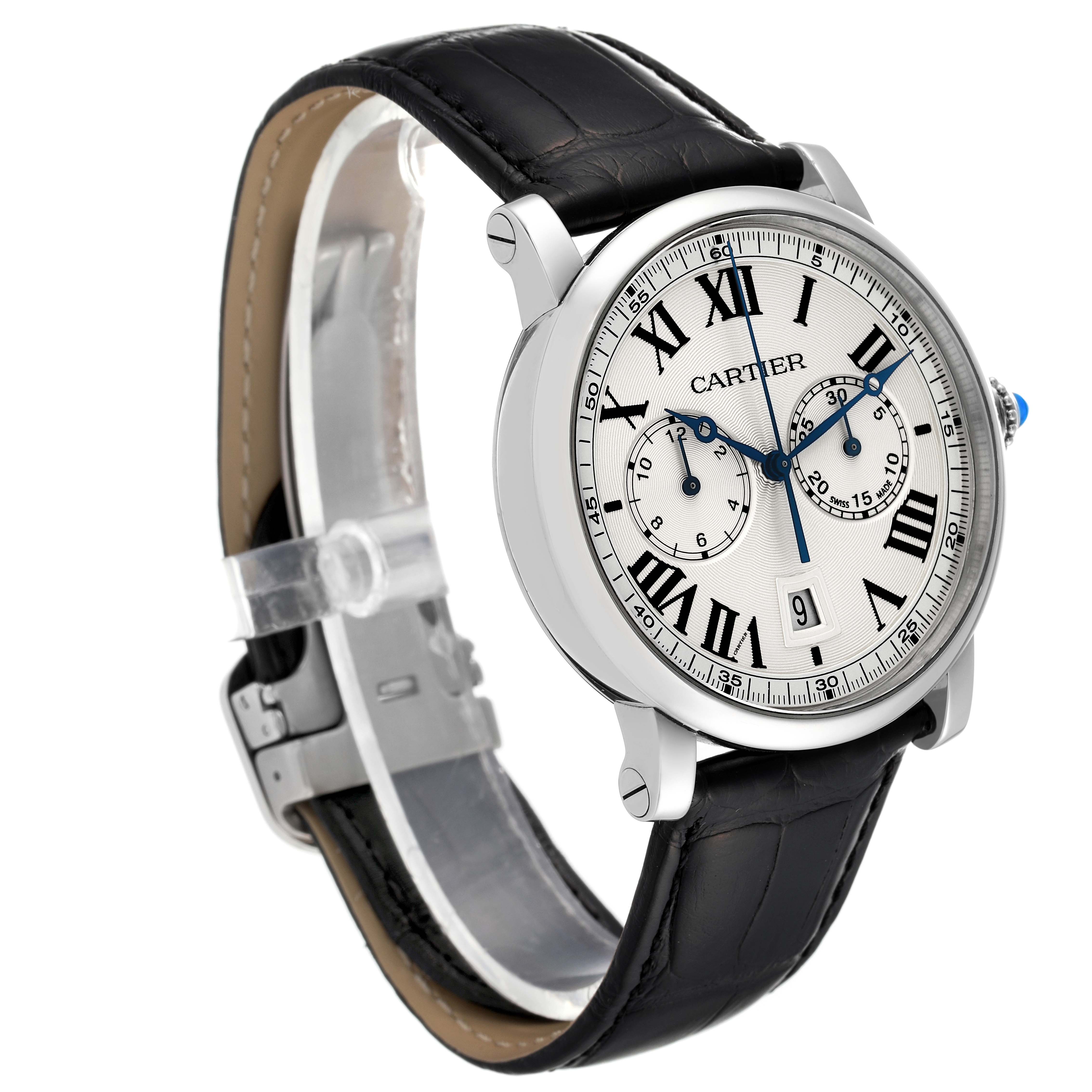 The image shows a Cartier Rotonde WSRO0002 Men's Stainless Steel Silver Dial WSRO0002 Men's Stainless Steel Silver Dial watch at a three-quarter angle, highlighting its face, dial, and black leather strap.