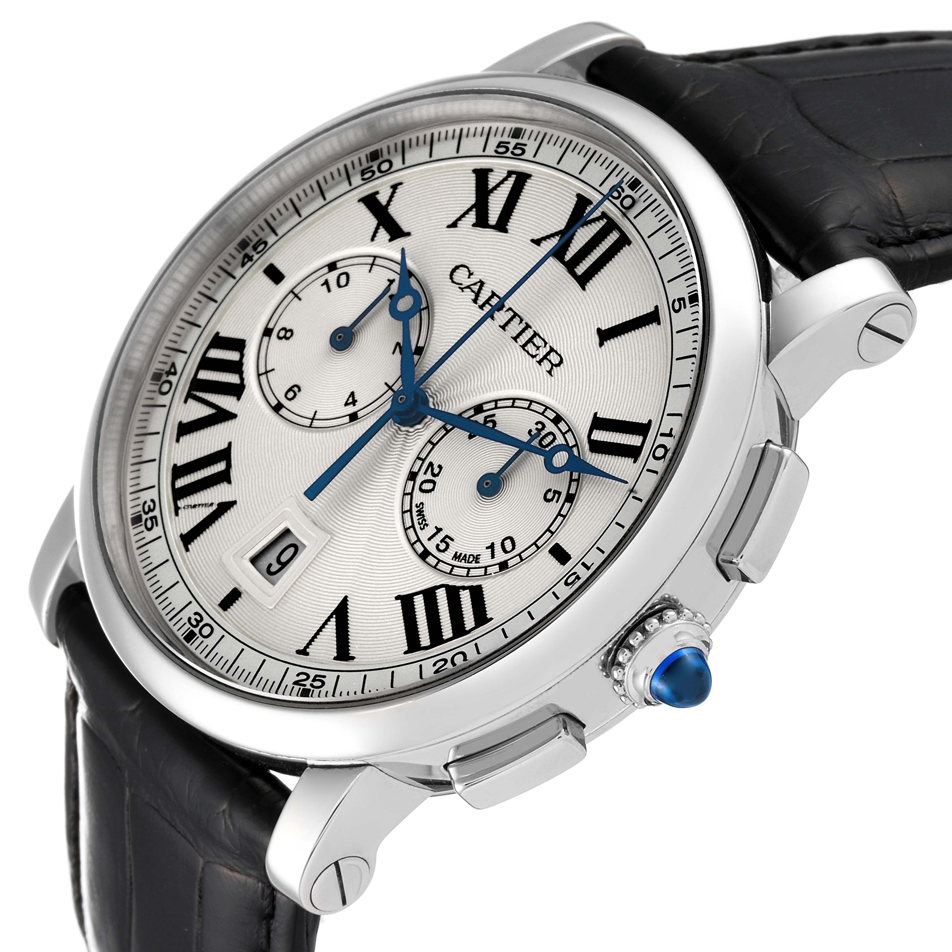 The image shows a Rotonde de Cartier watch at an angle highlighting the face, crown, and part of the leather strap.