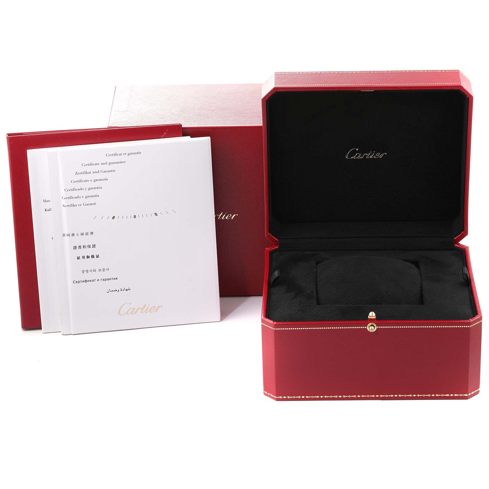 The image shows an open Rotonde de Cartier watch box and accompanying manuals.