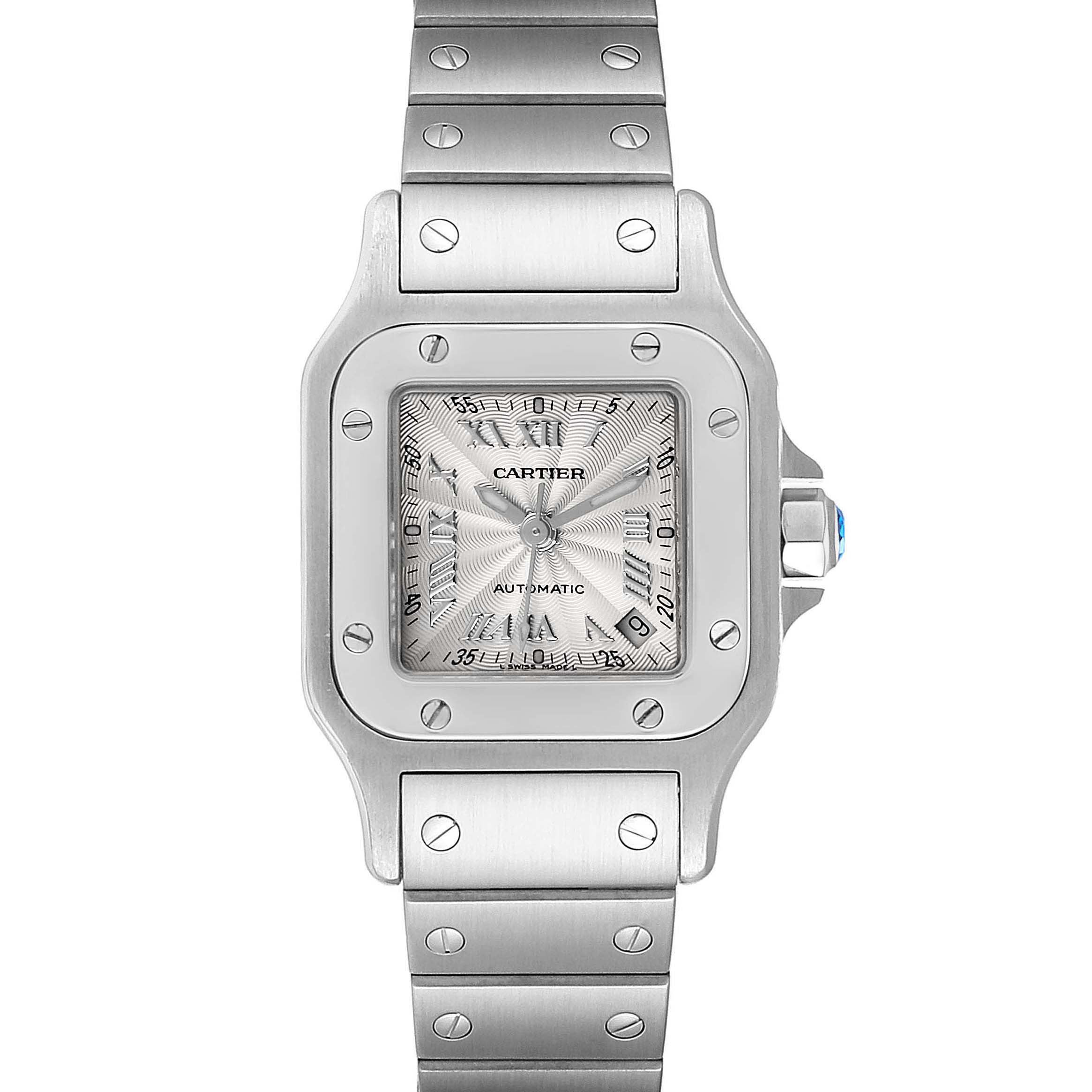 This image shows a front view of a Santos model watch by Cartier, displaying the face, bezel, and bracelet.