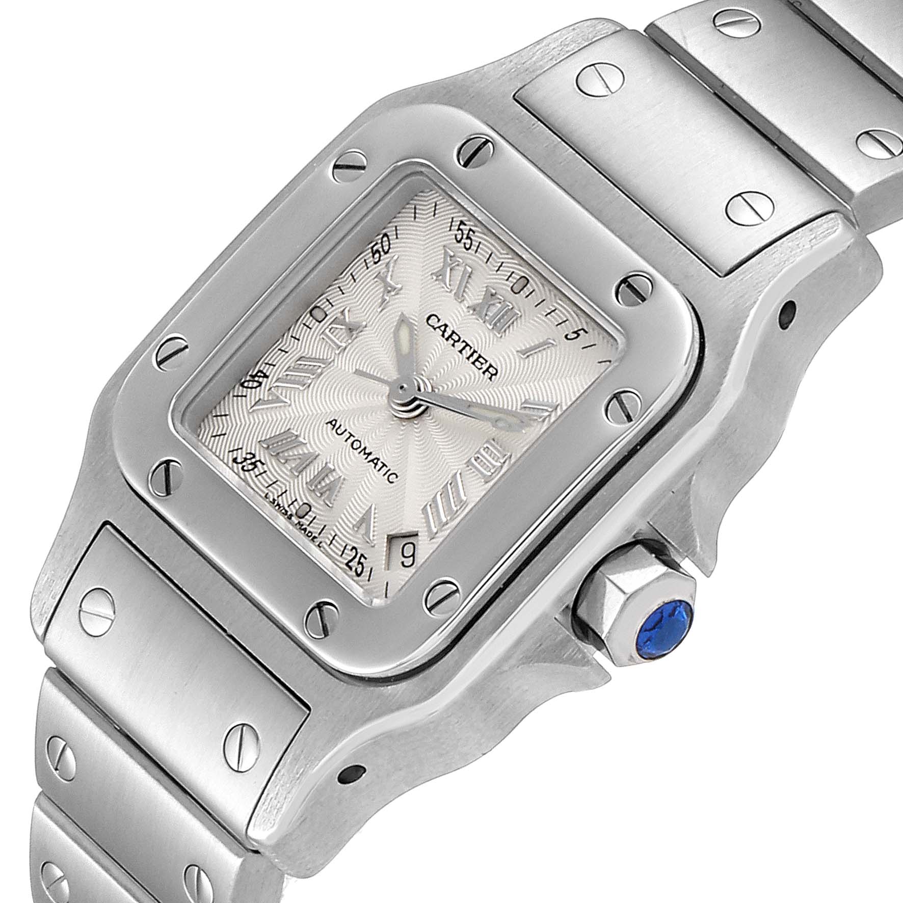 This image shows a close-up of the Cartier Santos W20044D6 Women
s Stainless Steel Silver Dial W20044D6 Women
s Stainless Steel Silver Dial watch, focusing on the dial, bezel, and part of the bracelet.