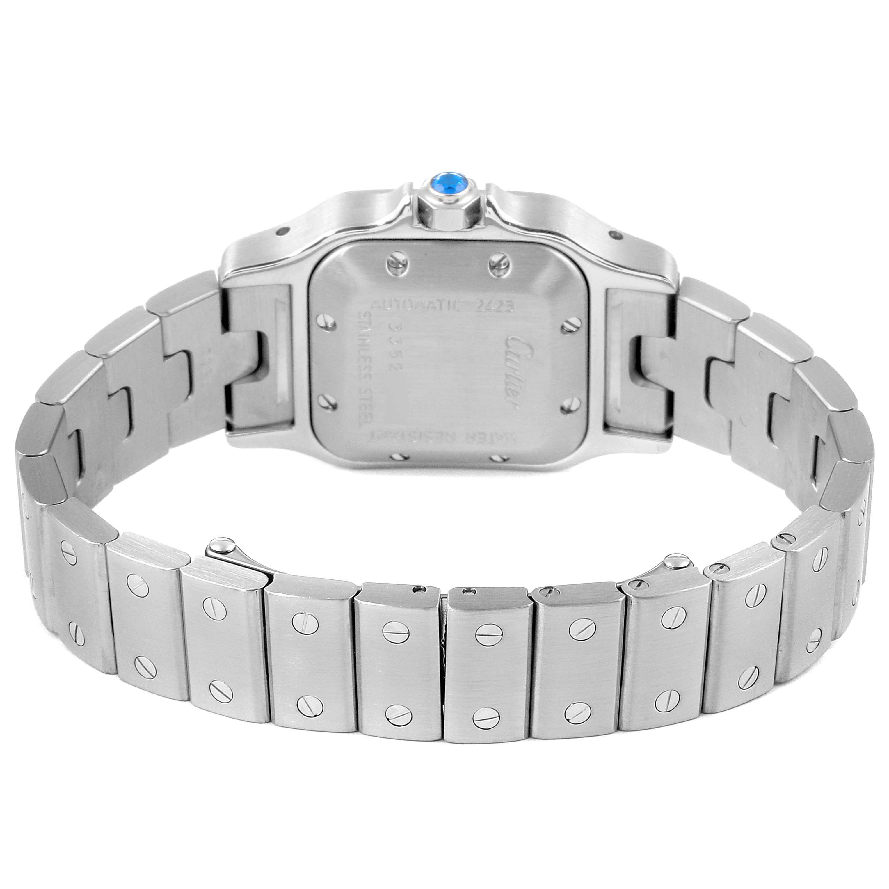 This image shows the backside of a Cartier Santos W20044D6 Women
s Stainless Steel Silver Dial W20044D6 Women
s Stainless Steel Silver Dial model watch, highlighting the stainless steel case and bracelet.