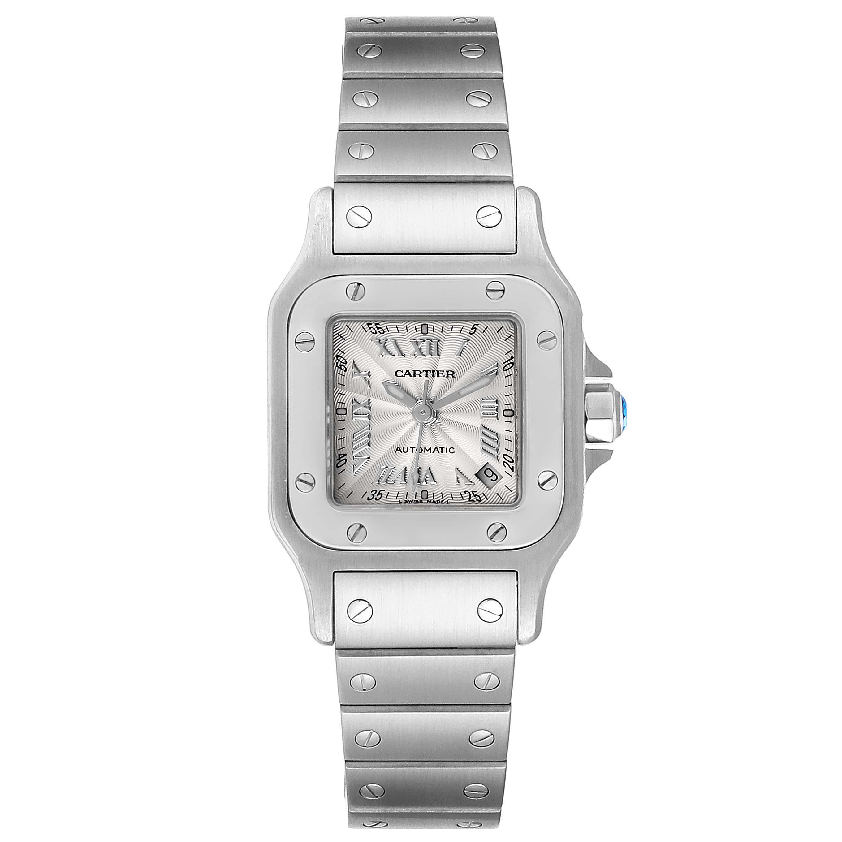 The image shows a front view of the Santos model by Cartier, highlighting its face, bezel, and bracelet.