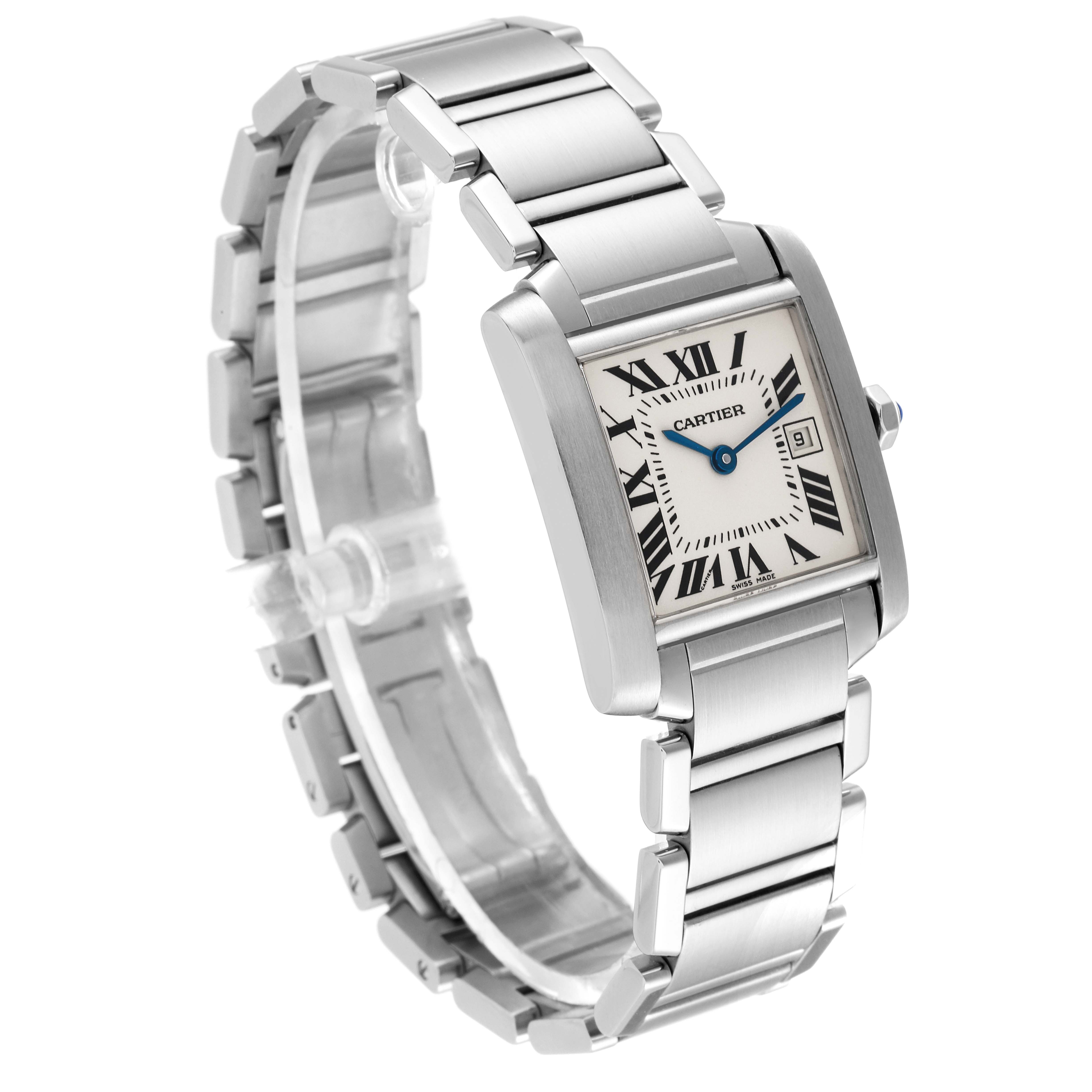 The Cartier Tank Francaise W51011Q3 Women's Stainless Steel Silver Dial W51011Q3 Women's Stainless Steel Silver Dial watch is shown at a three-quarter angle, highlighting its metal bracelet, rectangular case, and dial.