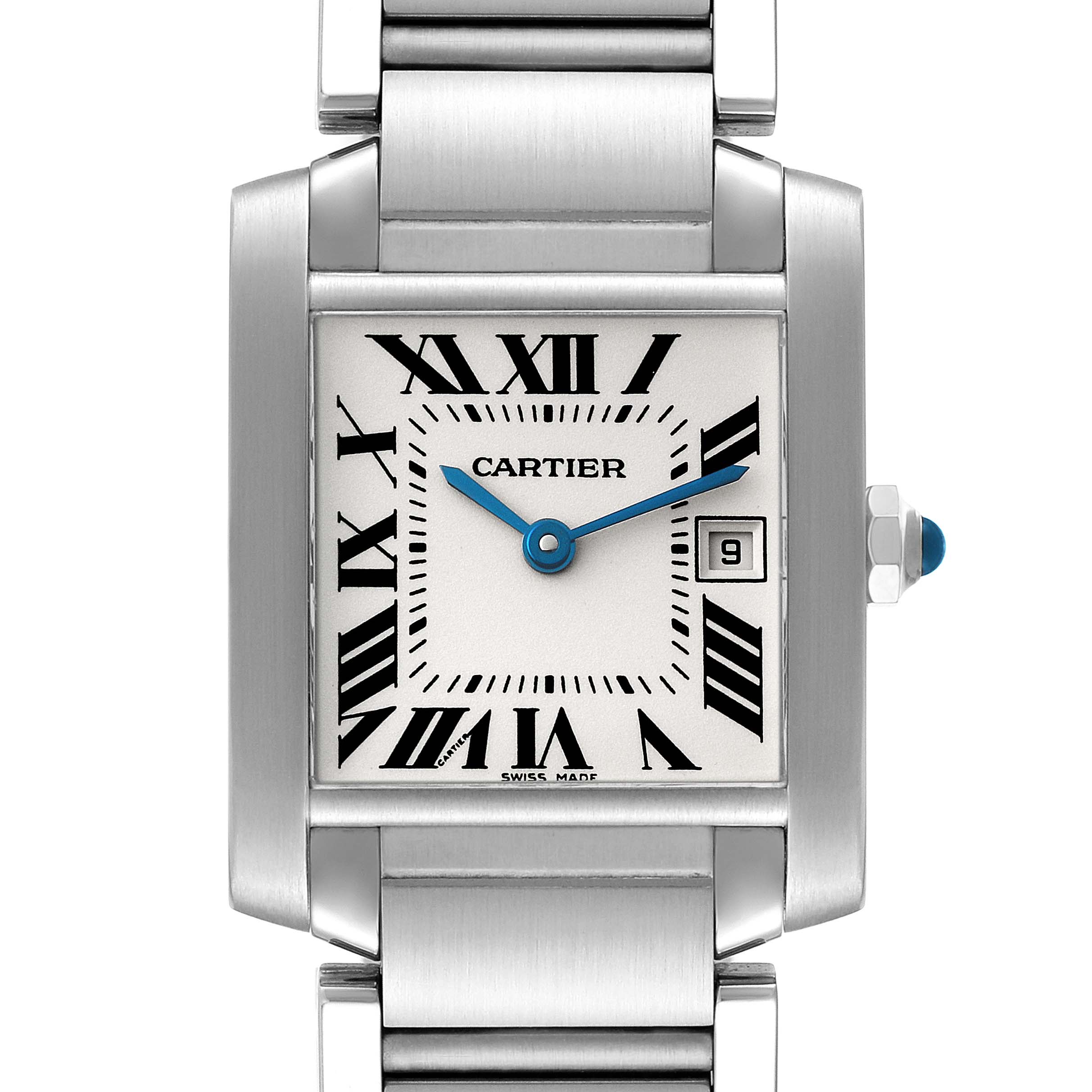 The image shows a front view of a Cartier Tank Francaise W51011Q3 Women's Stainless Steel Silver Dial W51011Q3 Women's Stainless Steel Silver Dial watch with a rectangular face, Roman numerals, and metal bracelet.