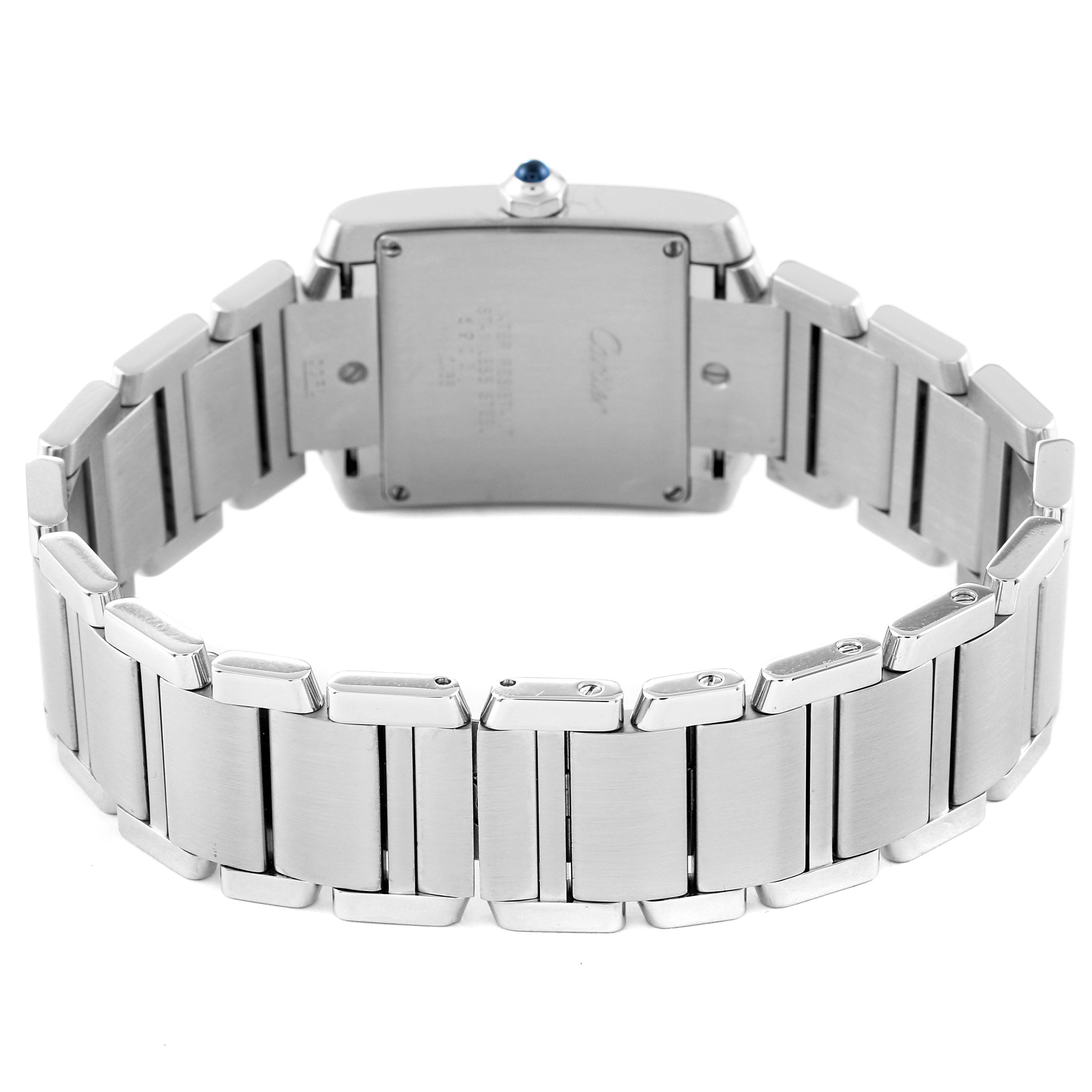 The image shows the case back and bracelet of a Tank Française model by Cartier, viewed from the rear.