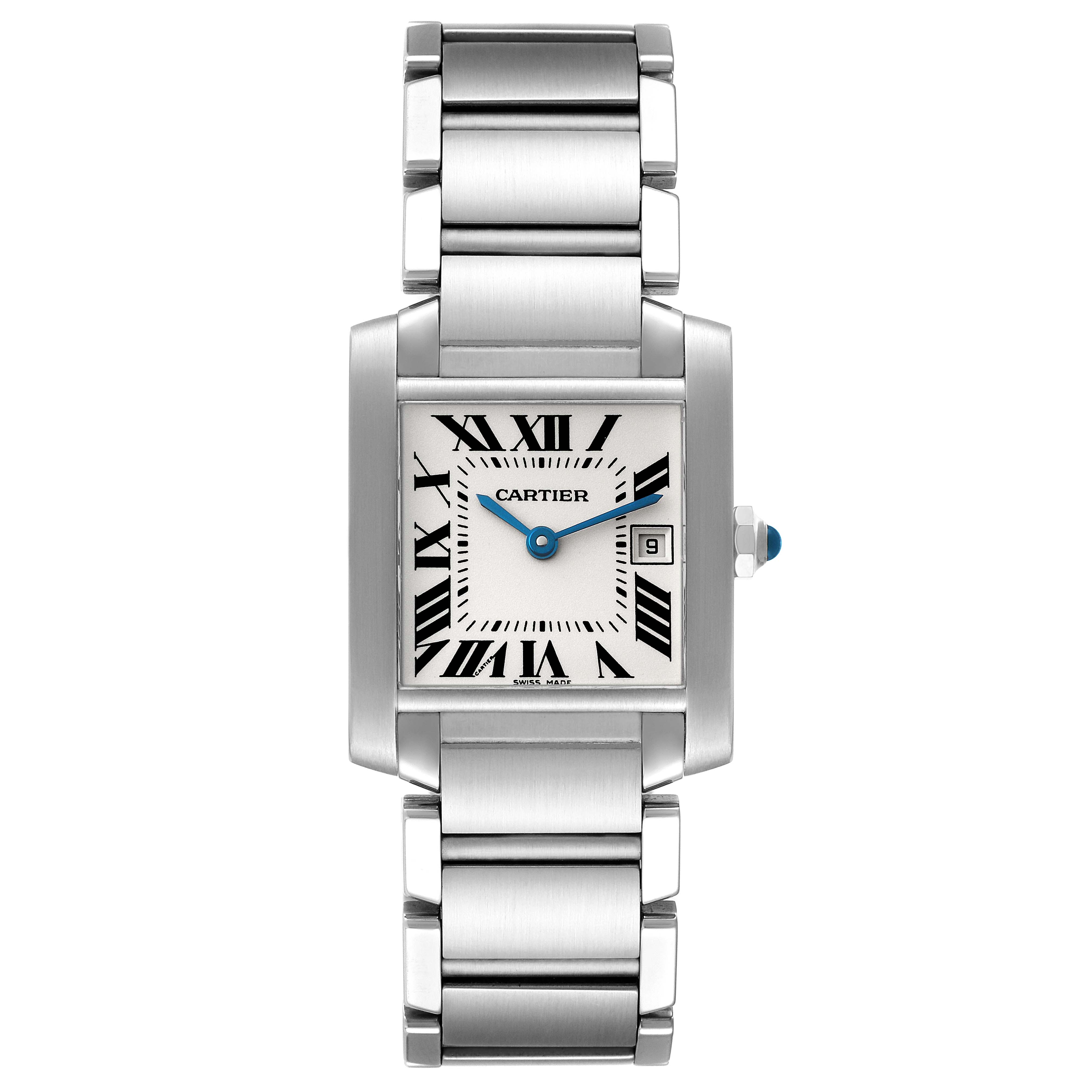 This is a front view of the Cartier Tank Francaise W51011Q3 Women's Stainless Steel Silver Dial W51011Q3 Women's Stainless Steel Silver Dial watch, showcasing its rectangular face, Roman numerals, bracelet, and blue hands.