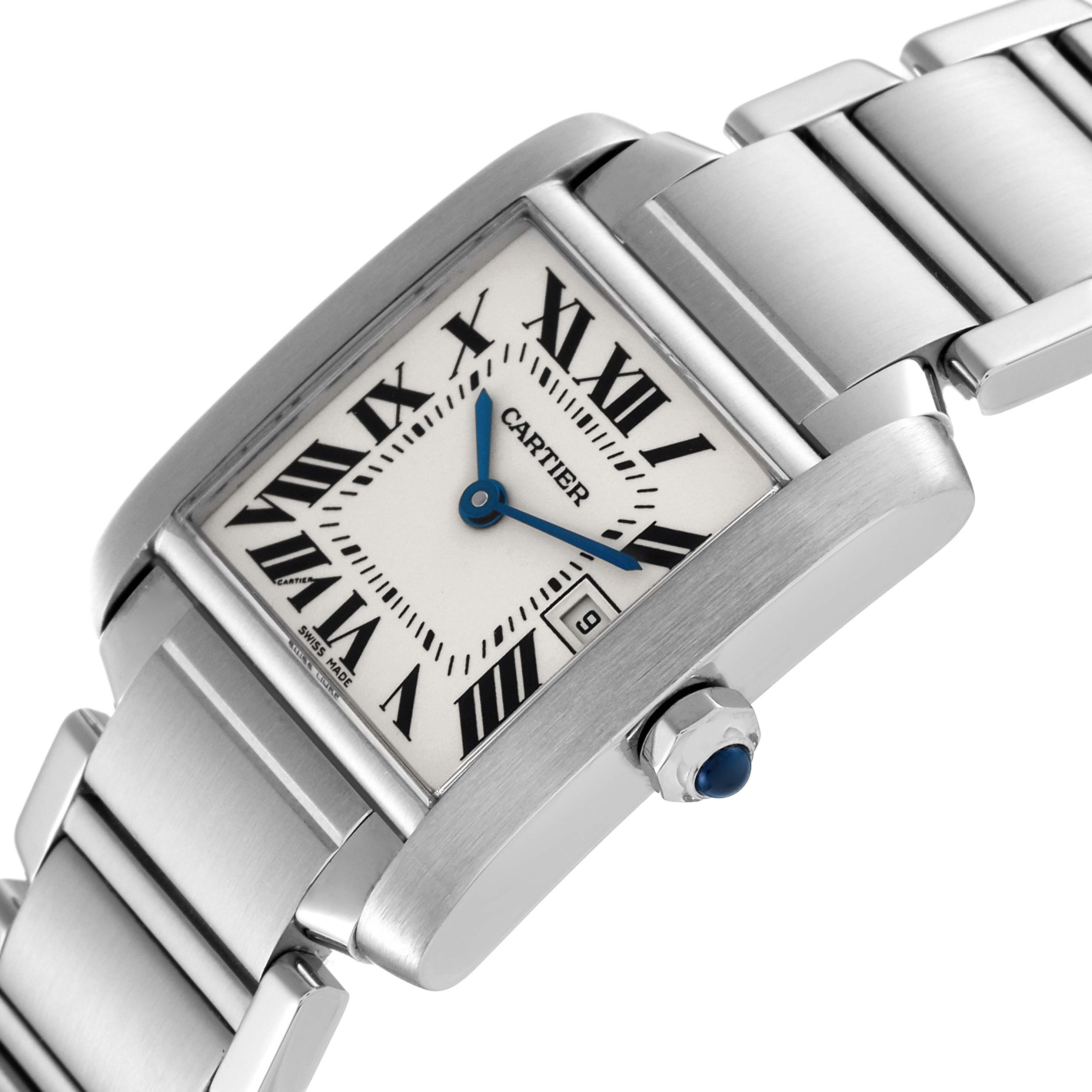 This image showcases a Cartier Tank Francaise W51011Q3 Women's Stainless Steel Silver Dial W51011Q3 Women's Stainless Steel Silver Dial watch angled to display the face, crown, and part of the metal bracelet.