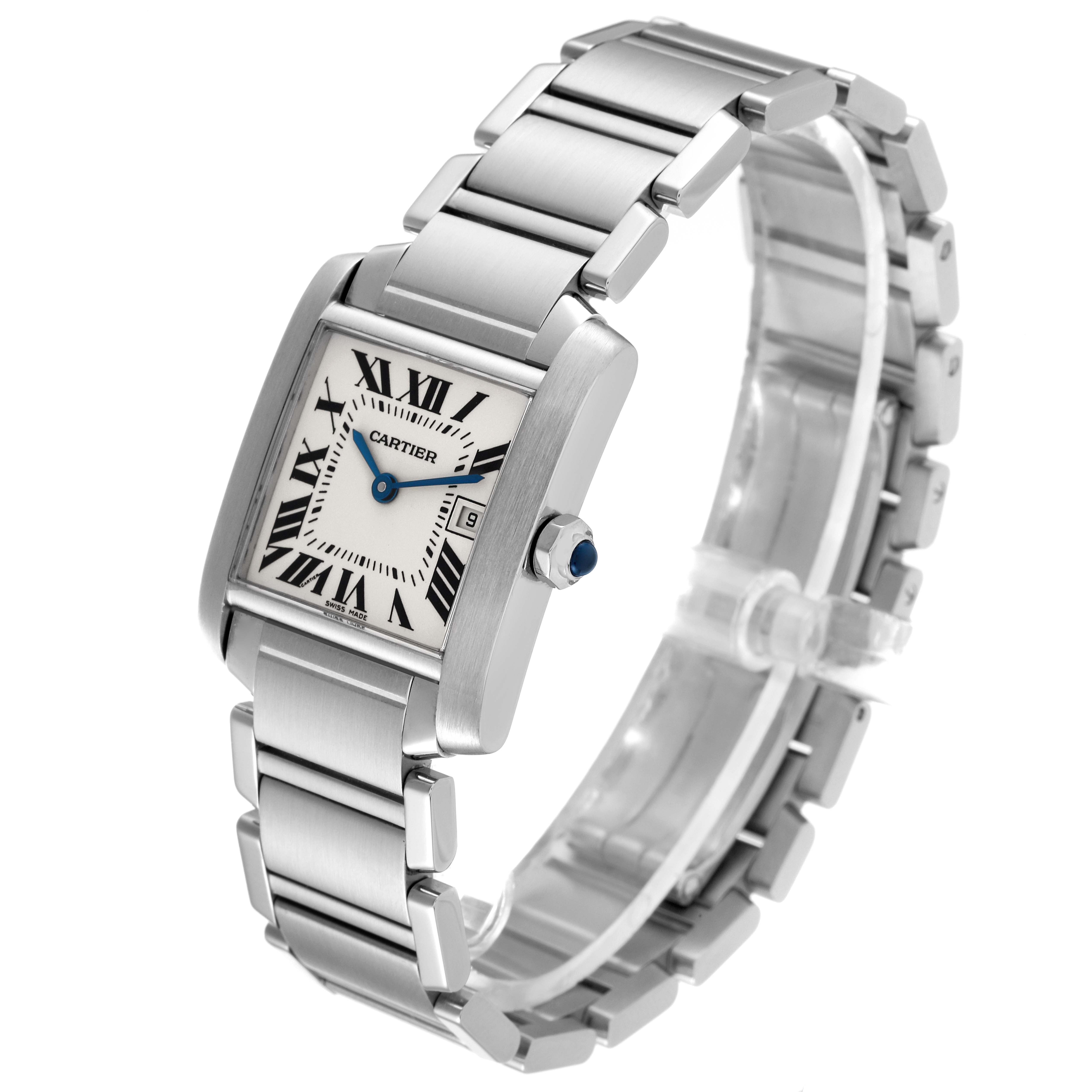 The Cartier Tank Francaise W51011Q3 Women's Stainless Steel Silver Dial W51011Q3 Women's Stainless Steel Silver Dial watch is shown at an angle highlighting its rectangular case, bracelet, and Roman numeral dial.