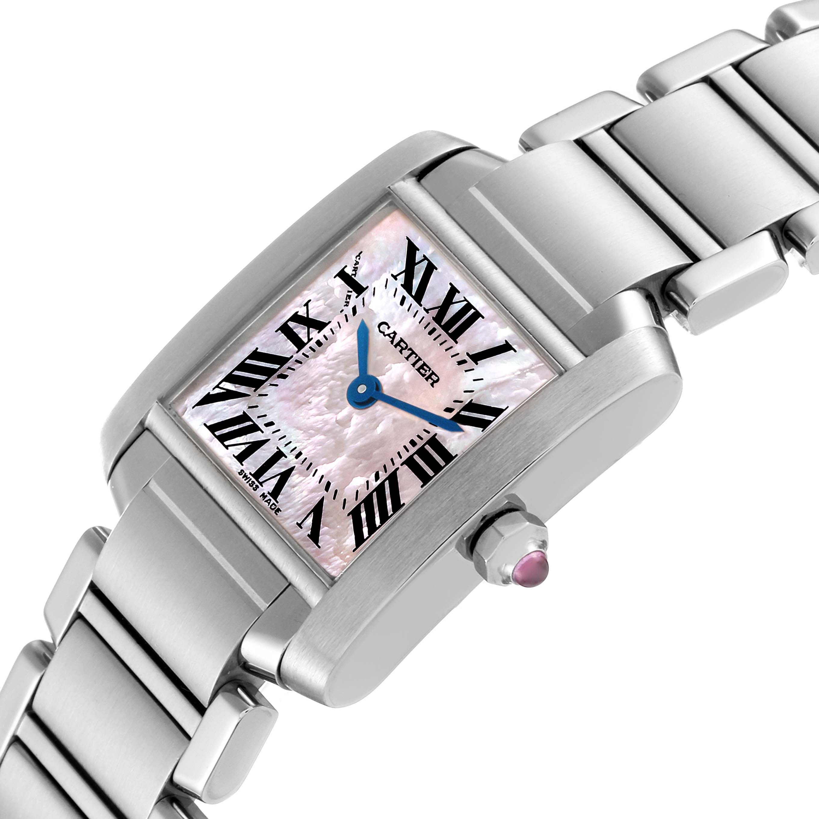 The image shows a close-up of the Cartier Tank Francaise W51028Q3 Women's Stainless Steel Mother of Pearl Dial W51028Q3 Women's Stainless Steel Mother of Pearl Dial watch at an angled view, highlighting the dial, case, and bracelet.