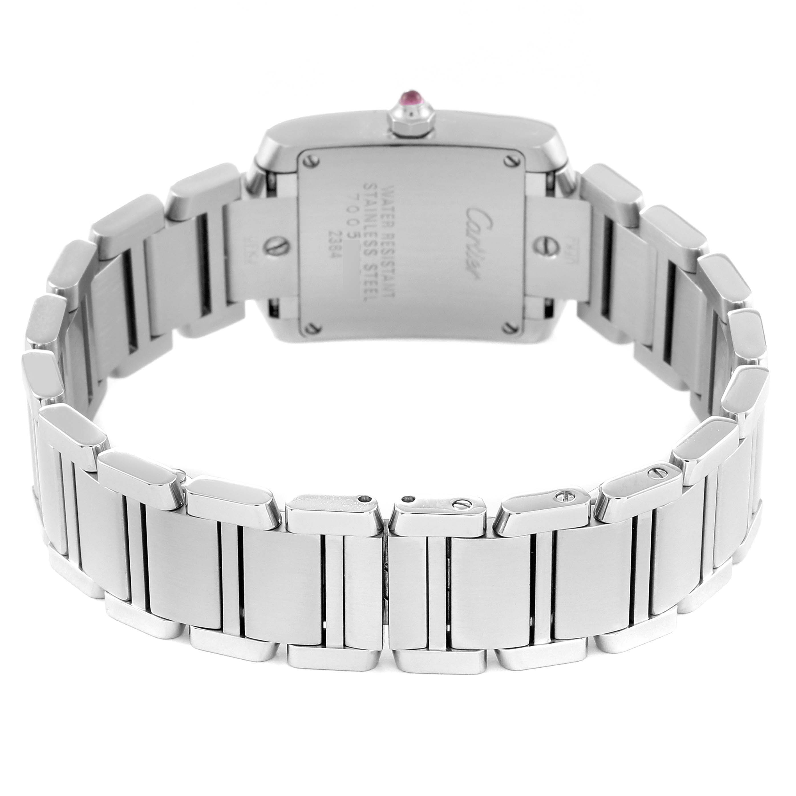 This image shows the back and bracelet of a Cartier Tank Francaise W51028Q3 Women's Stainless Steel Mother of Pearl Dial W51028Q3 Women's Stainless Steel Mother of Pearl Dial watch, showcasing the stainless steel band and case back.