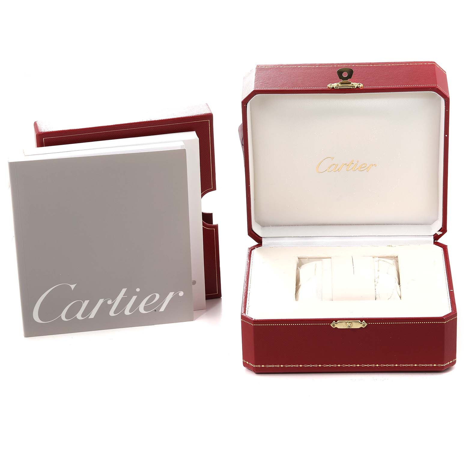 The image shows the packaging of the Cartier Tank Francaise W51028Q3 Women's Stainless Steel Mother of Pearl Dial W51028Q3 Women's Stainless Steel Mother of Pearl Dial watch, including its red box and a user manual.