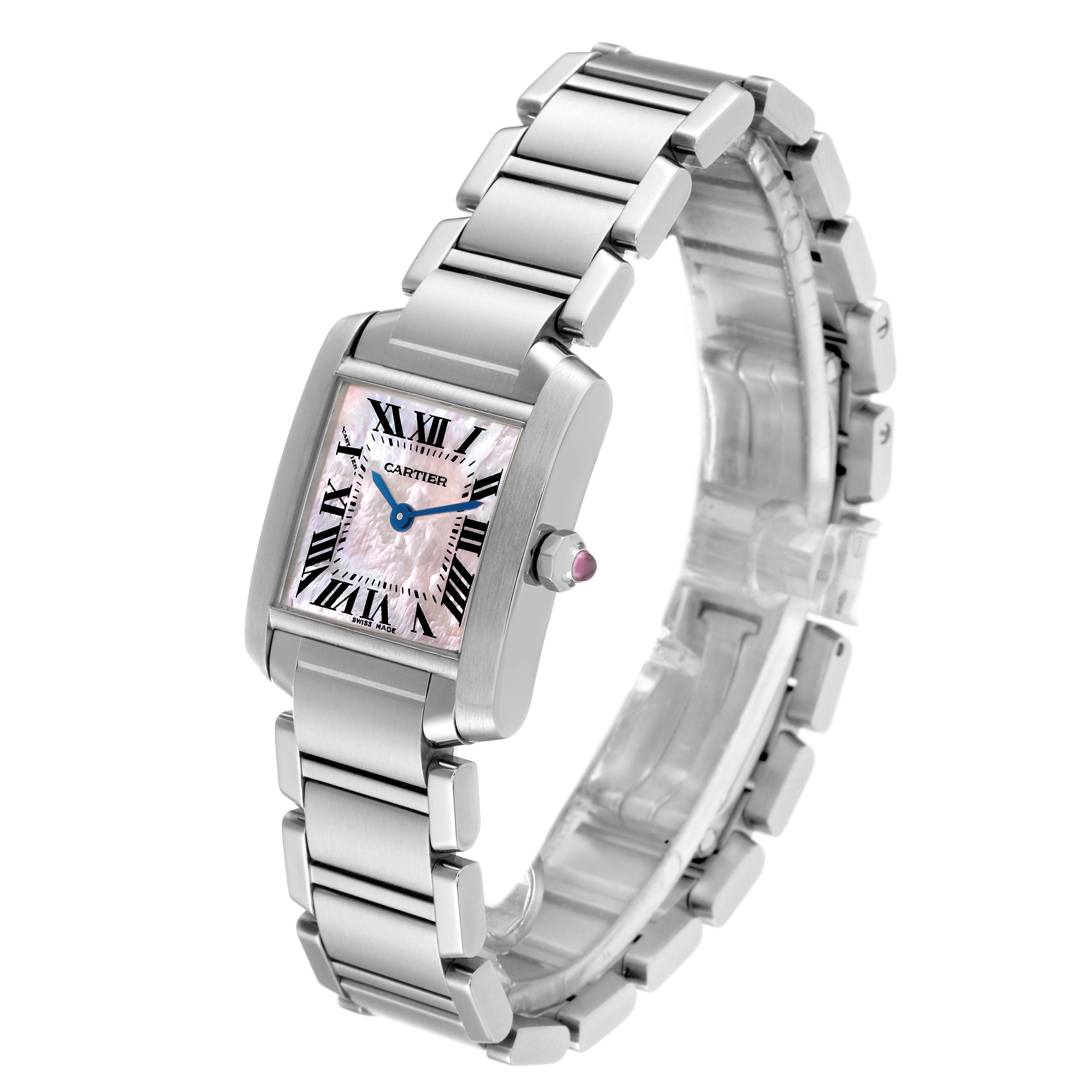The image shows a Cartier Tank Francaise W51028Q3 Women's Stainless Steel Mother of Pearl Dial W51028Q3 Women's Stainless Steel Mother of Pearl Dial watch, angled to display its face, bracelet, and crown.
