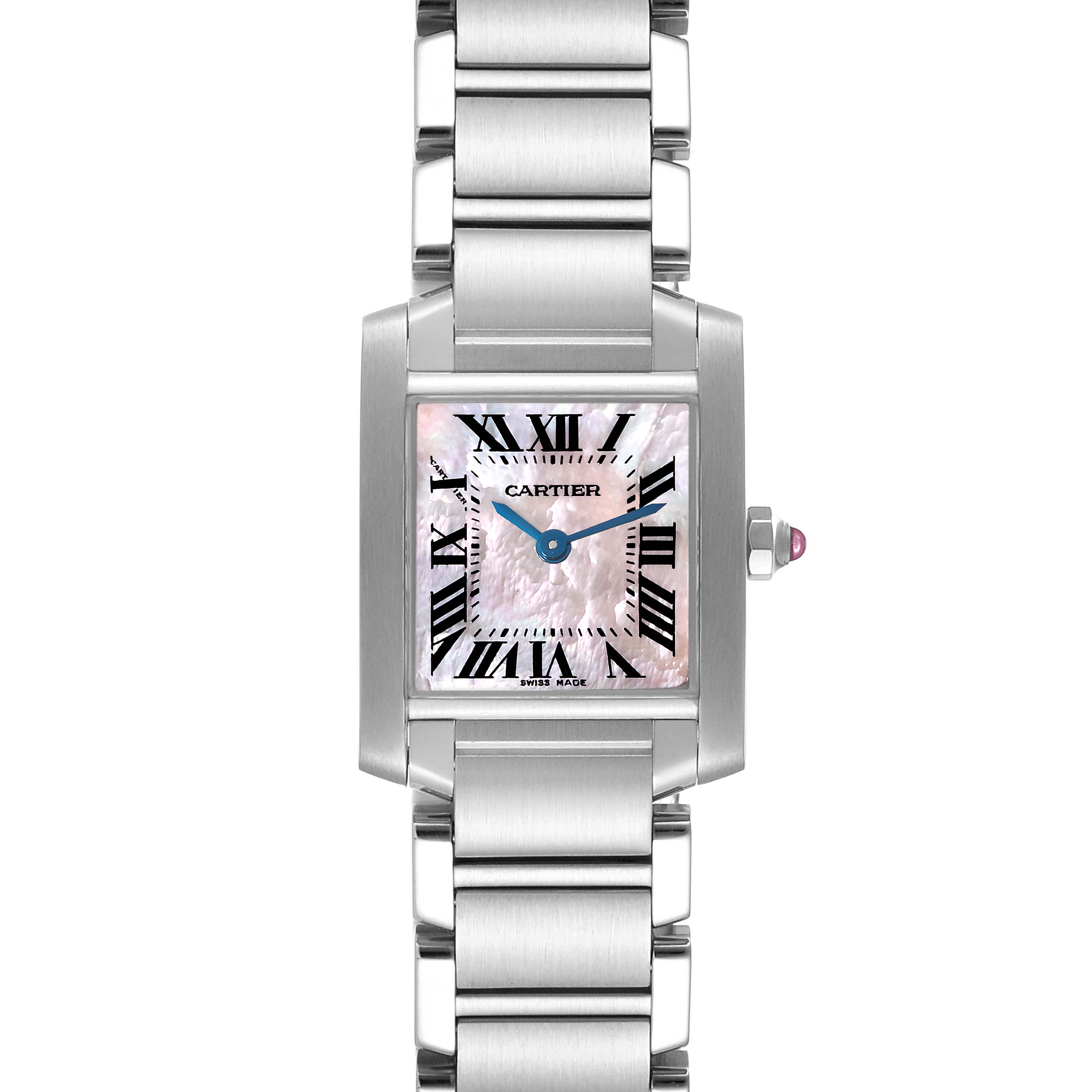 This image shows a front view of a Cartier Tank Francaise W51028Q3 Women's Stainless Steel Mother of Pearl Dial W51028Q3 Women's Stainless Steel Mother of Pearl Dial watch, highlighting its rectangular dial and metal bracelet.
