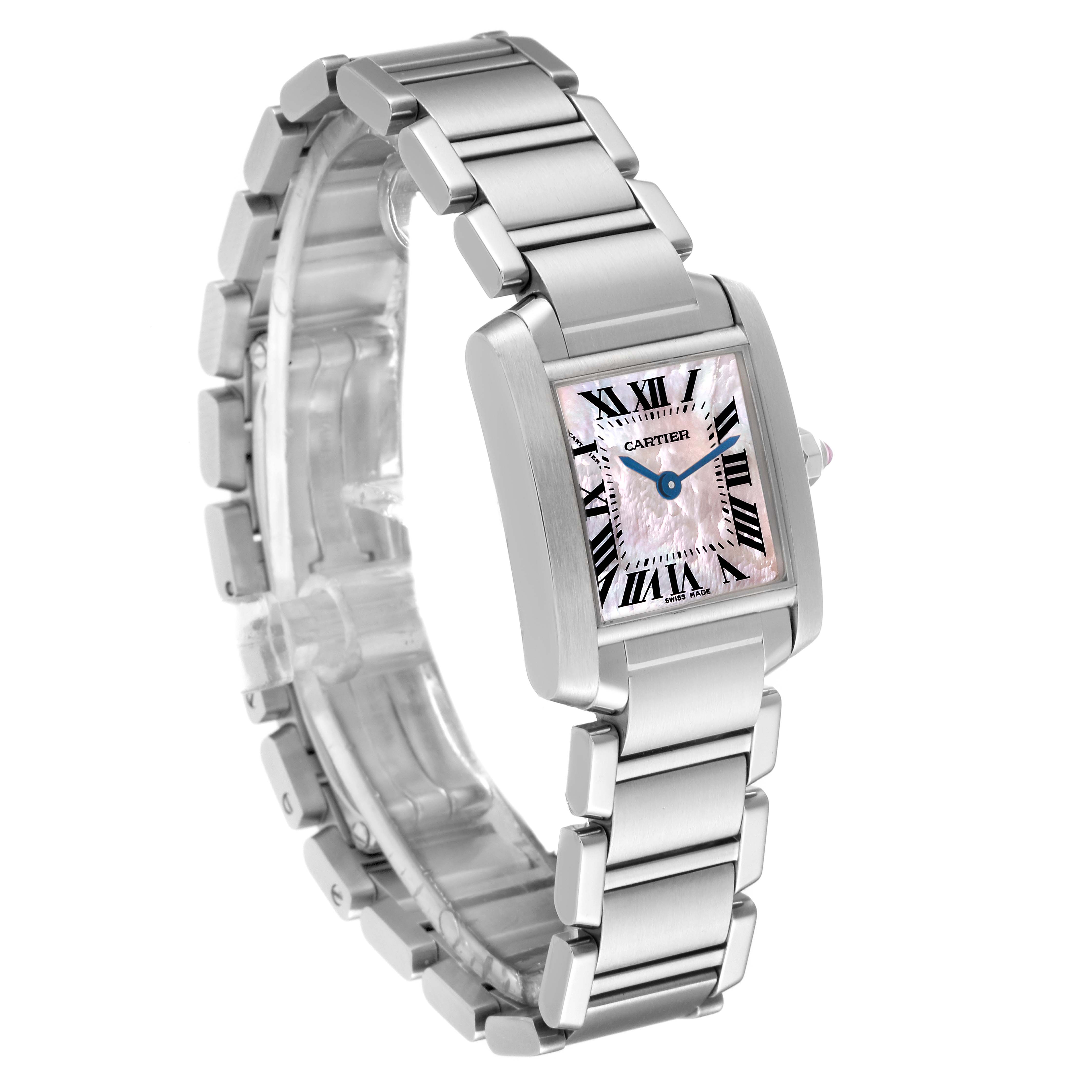 The Cartier Tank Francaise W51028Q3 Women's Stainless Steel Mother of Pearl Dial W51028Q3 Women's Stainless Steel Mother of Pearl Dial watch is shown at a three-quarter angle, highlighting the bracelet and rectangular face.