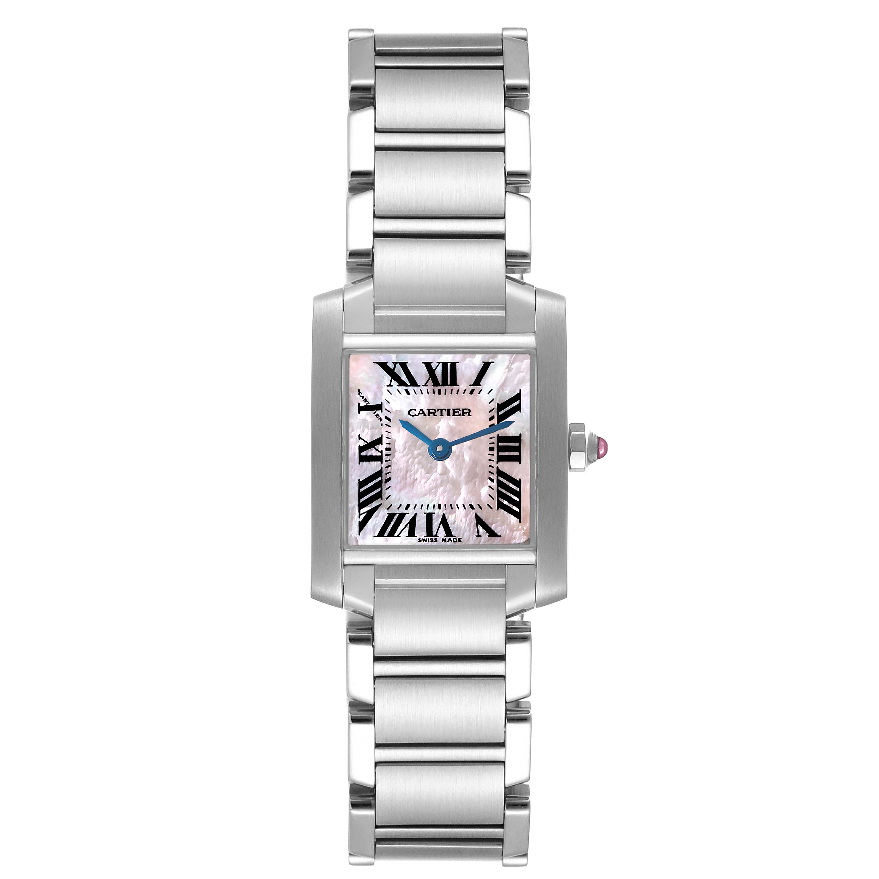 The image shows a front view of the Cartier Tank Française watch, highlighting its bracelet, case, dial, and crown.