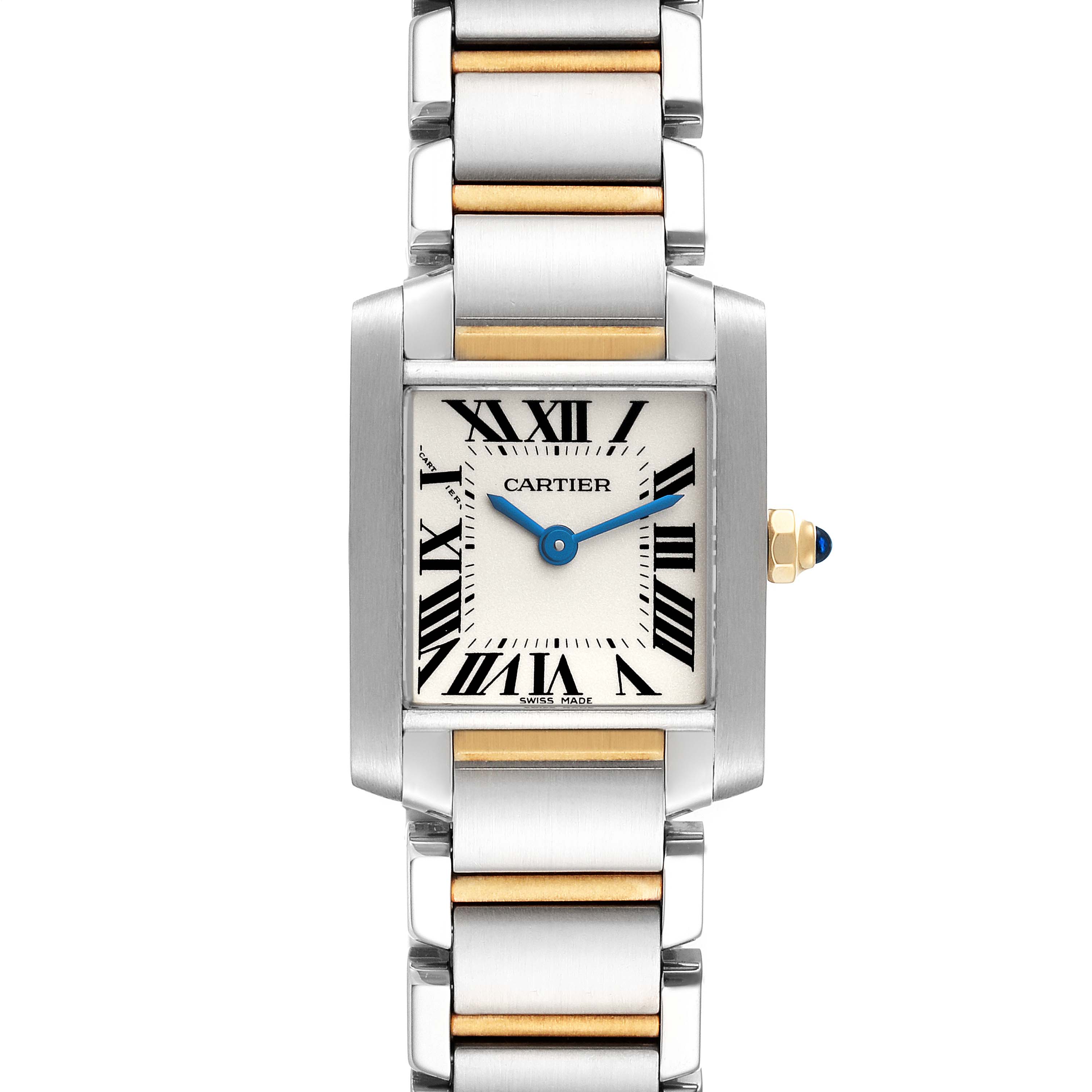 The image shows a frontal view of the Cartier Tank Francaise W51007Q4 Women's Steel and Gold (two tone) Silver Dial W51007Q4 Women's Steel and Gold (two tone) Silver Dial watch, highlighting the dial, case, and two-tone metal bracelet.