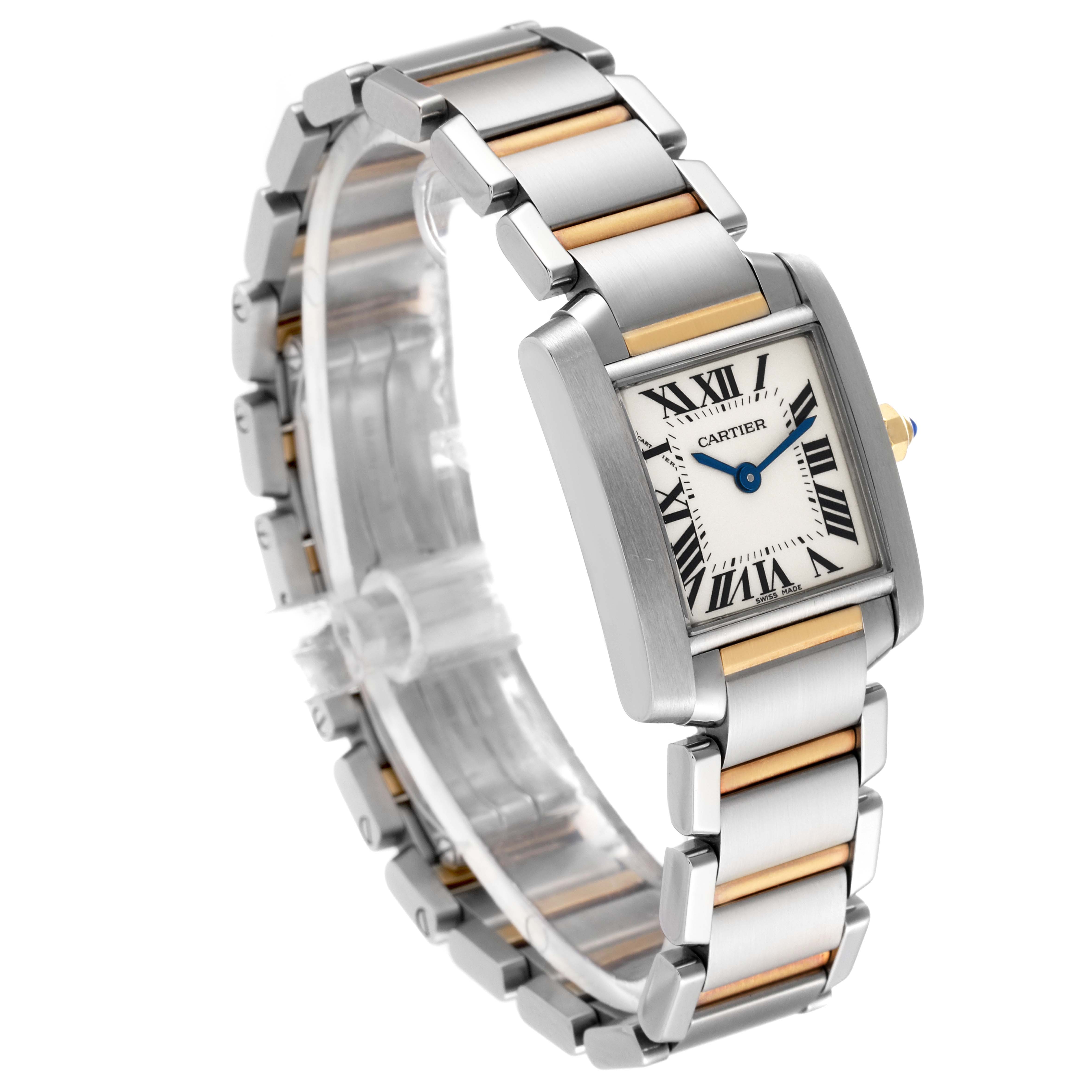 This image shows a Cartier Tank Francaise W51007Q4 Women's Steel and Gold (two tone) Silver Dial W51007Q4 Women's Steel and Gold (two tone) Silver Dial watch at a slight angle, highlighting its bracelet, rectangular face, and Roman numeral dial.