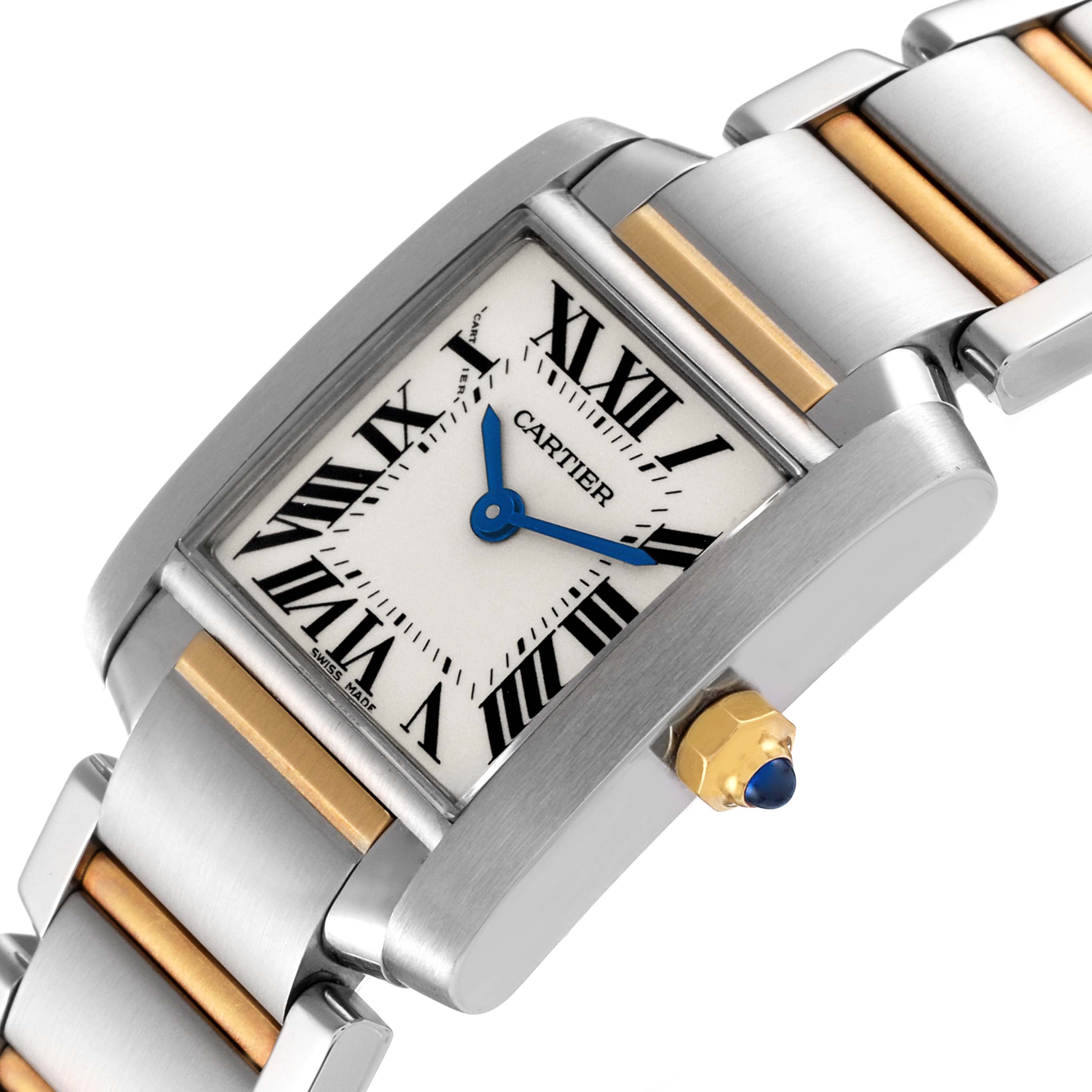 The image shows a close-up, angled view of a Cartier Tank Francaise W51007Q4 Women's Steel and Gold (two tone) Silver Dial W51007Q4 Women's Steel and Gold (two tone) Silver Dial watch, highlighting its rectangular dial, Roman numerals, blue hands, and dual-tone bracelet.