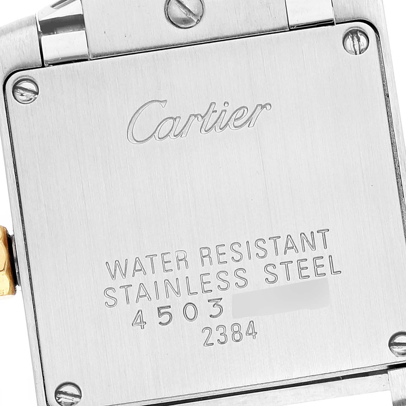 The image shows the back case of a Cartier Tank Francaise W51007Q4 Women's Steel and Gold (two tone) Silver Dial W51007Q4 Women's Steel and Gold (two tone) Silver Dial watch, detailing its water resistance and stainless steel material.