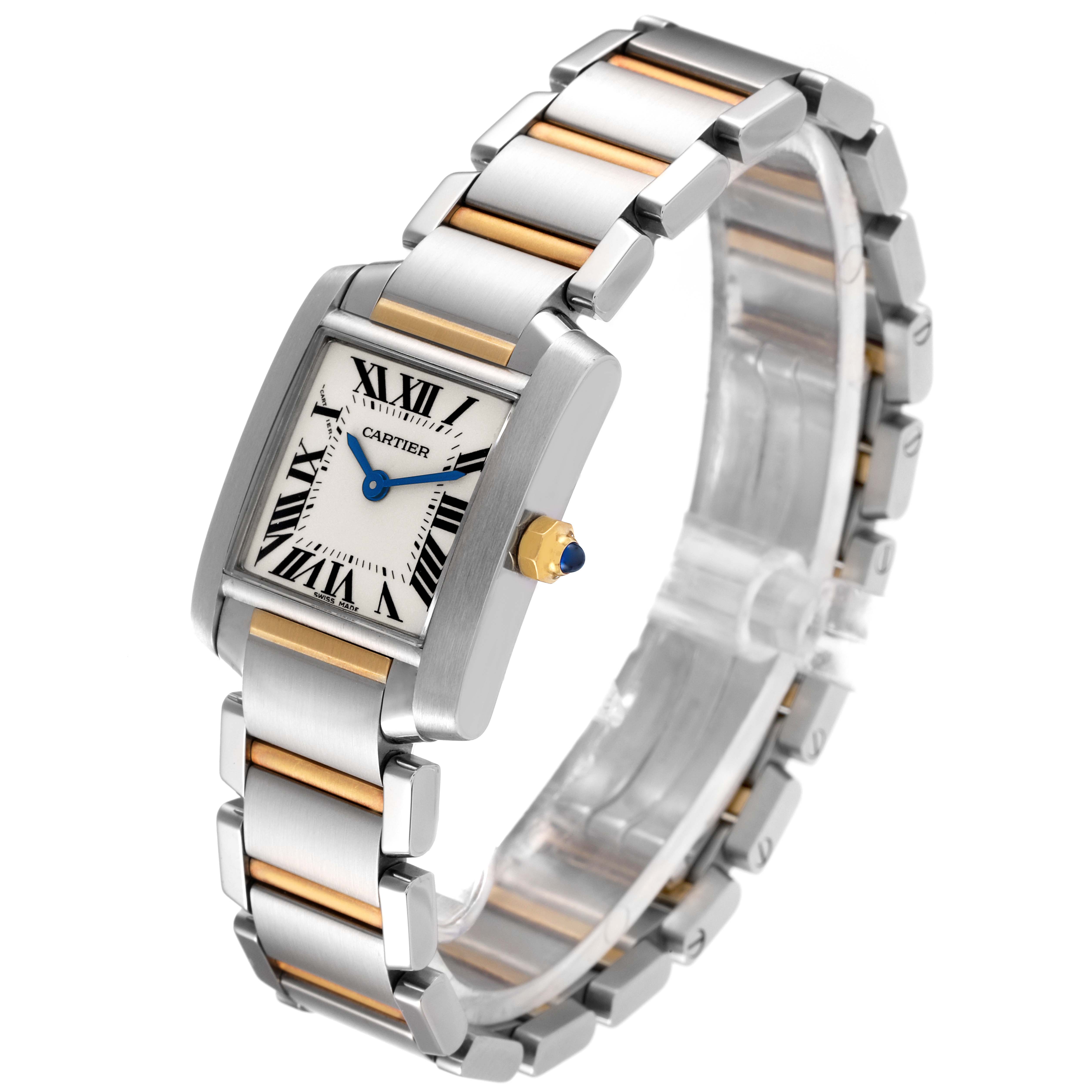 The Cartier Tank Francaise W51007Q4 Women's Steel and Gold (two tone) Silver Dial W51007Q4 Women's Steel and Gold (two tone) Silver Dial watch is shown at a three-quarter angle, showcasing its dial, bezel, crown, and bracelet.