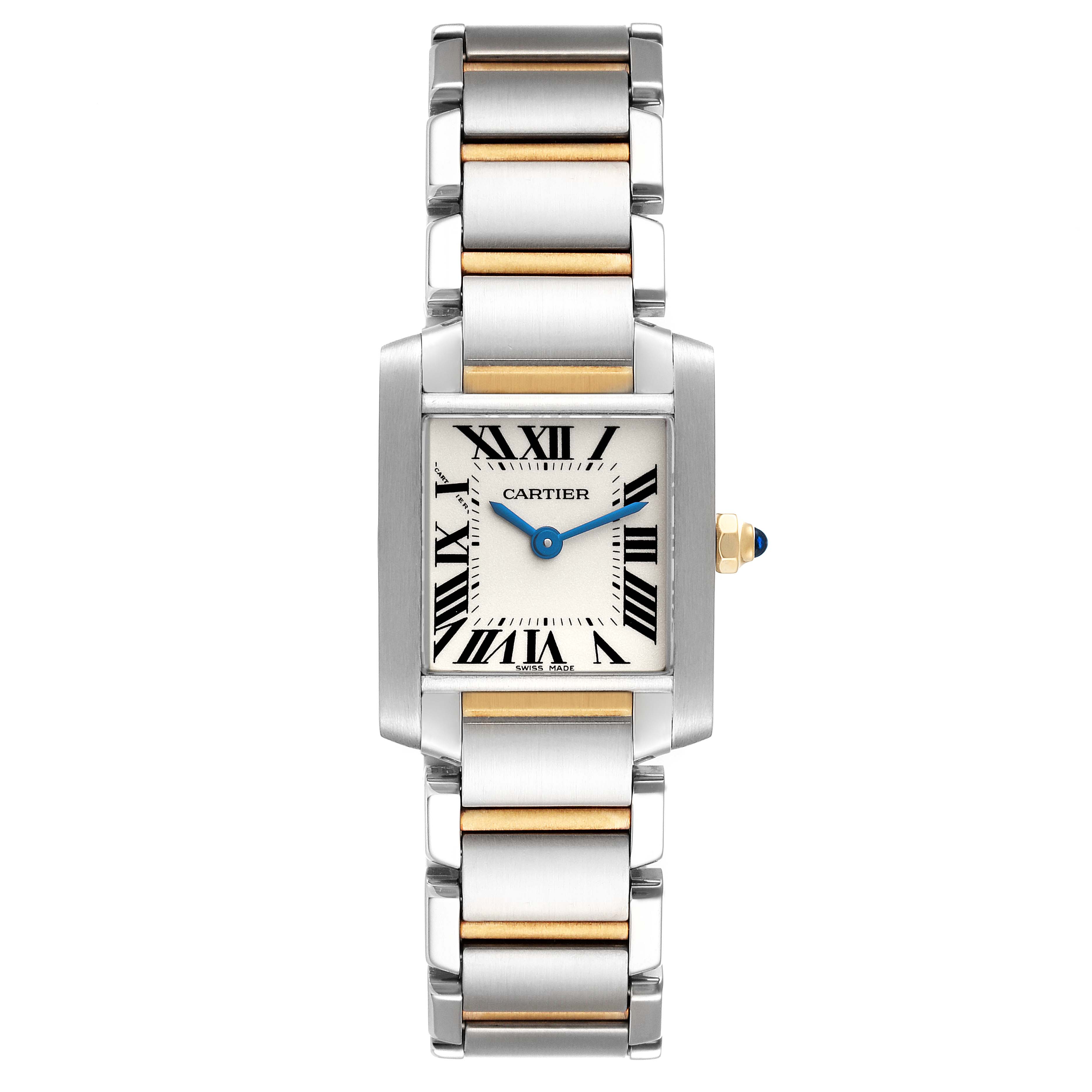 The Cartier Tank Française watch is shown from a top-down angle, displaying its rectangular face and two-tone bracelet.
