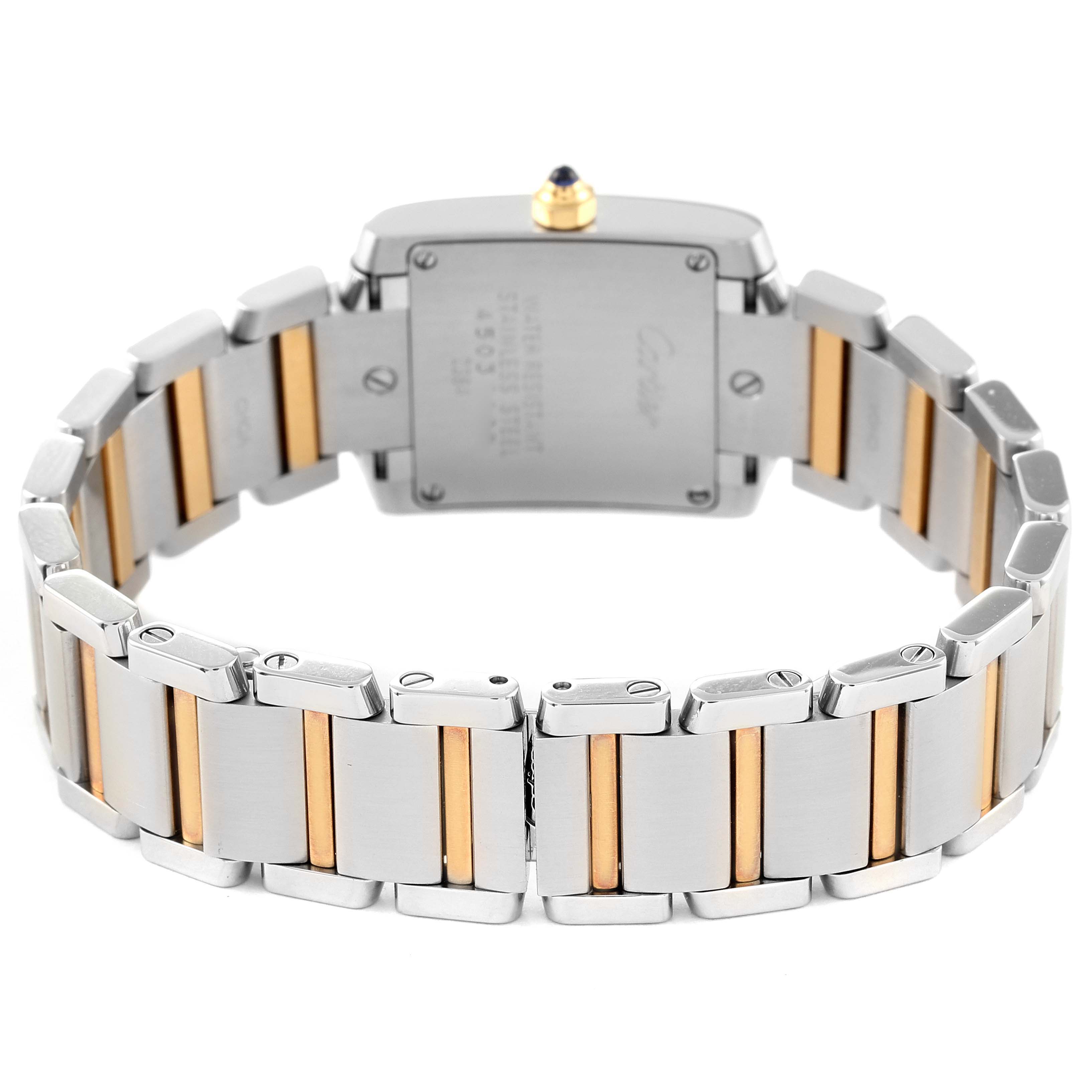 The image shows the back and bracelet of a Cartier Tank Française watch in a two-tone metal finish.