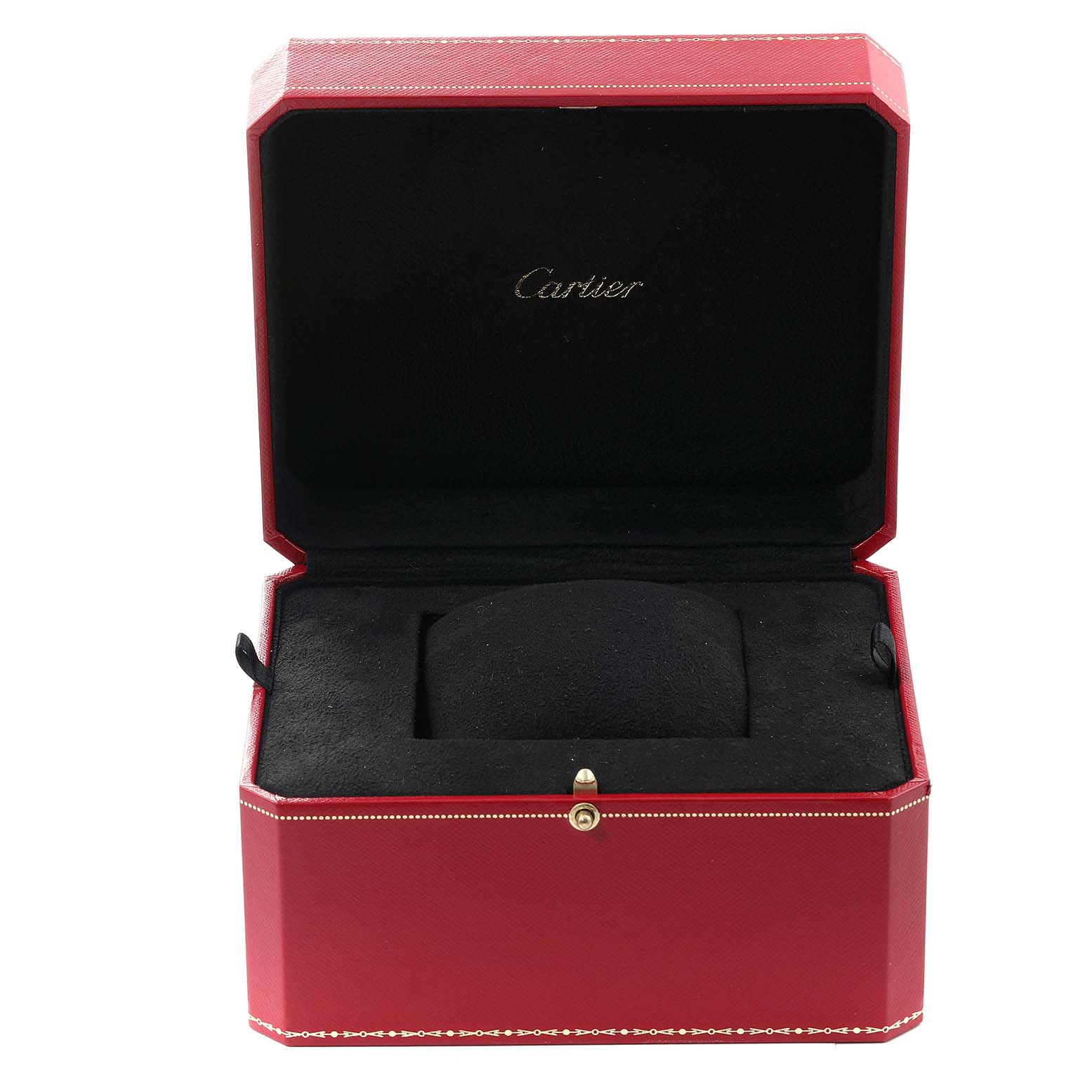 This image shows an open red Cartier watch box for the Tank Française model, displaying the brand name inside.