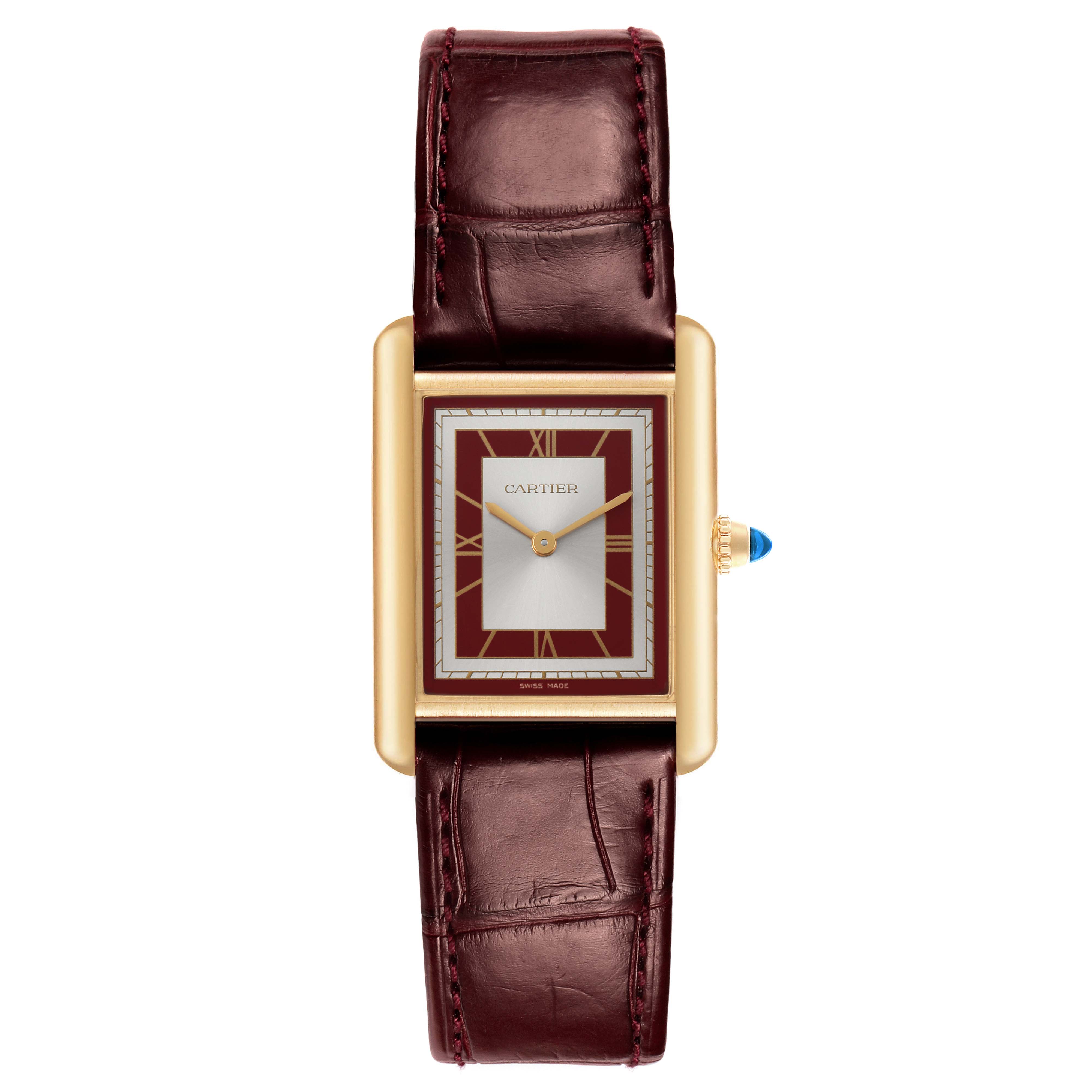 The Cartier Tank Louis WGTA0190 Men's Yellow Gold Burgundy Dial watch is shown from the front, highlighting its rectangular dial, gold case, and leather strap.